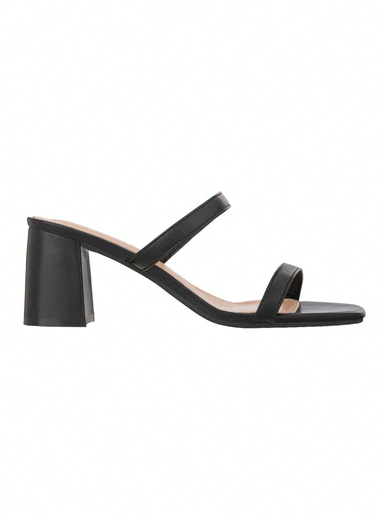 Women's Minimalist Chunky Heeled Mule Sandals Fashionable Elegant Summer Heeled Sandals Block Heel Square Toe Heeled Sandal PU