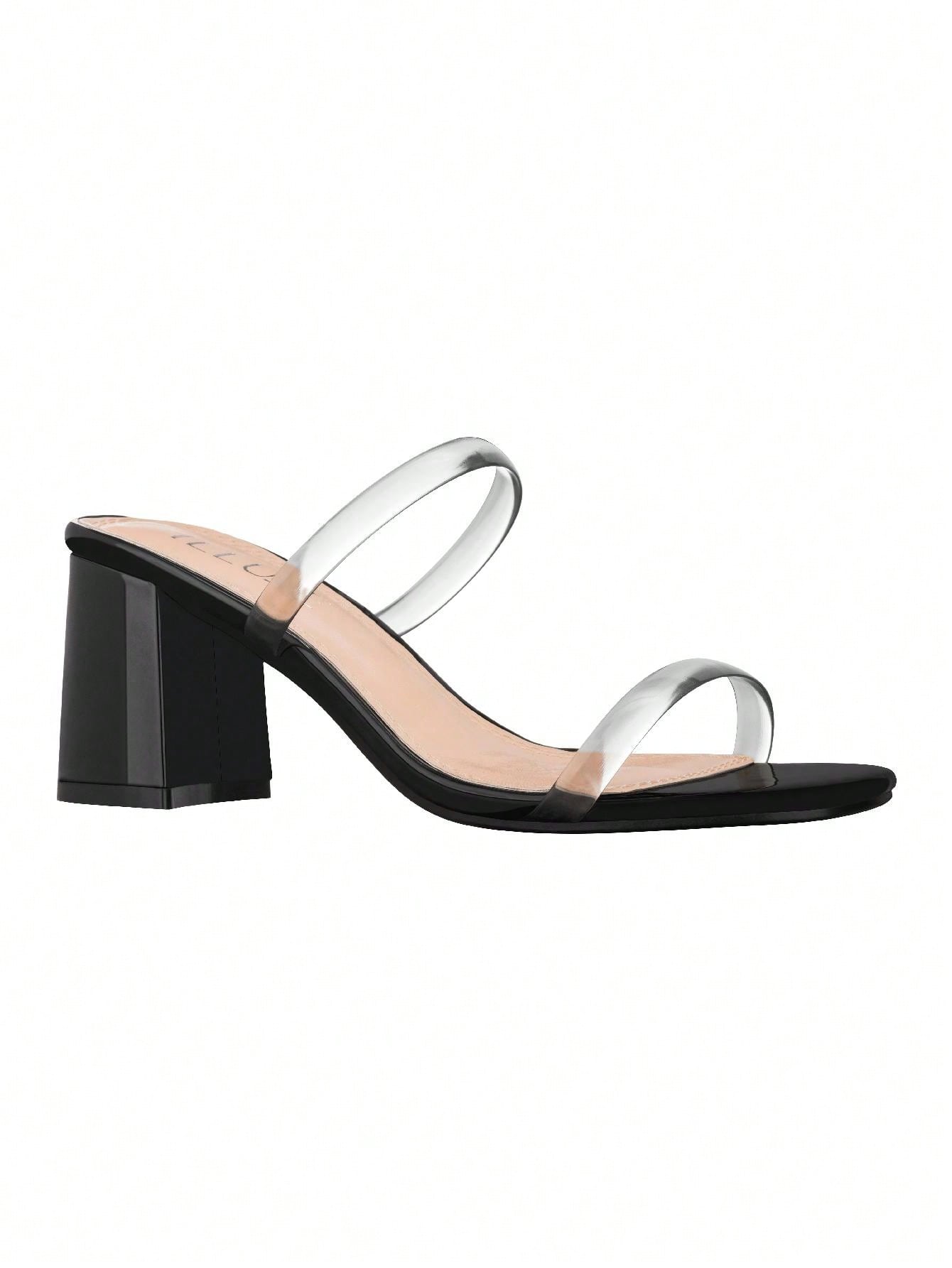 Women's Minimalist Chunky Heeled Mule Sandals Fashionable Elegant Summer Heeled Sandals Block Heel Square Toe Heeled Sandal PU