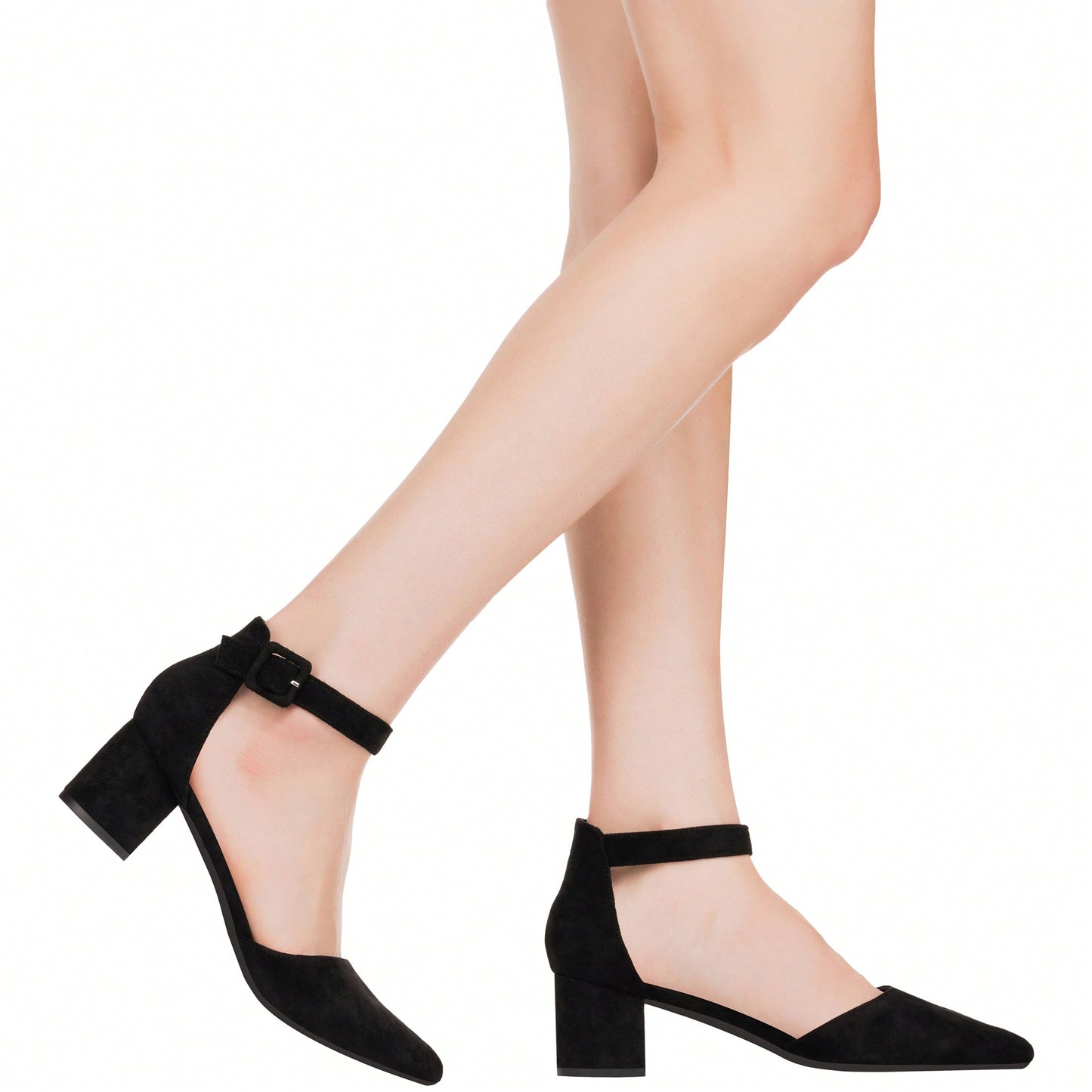 Women Point Toe Chunky Heeled Ankle Strap Pumps Fashionable Pointed Toe Ankle Strap Stiletto Heels Elegant Pumps Suede