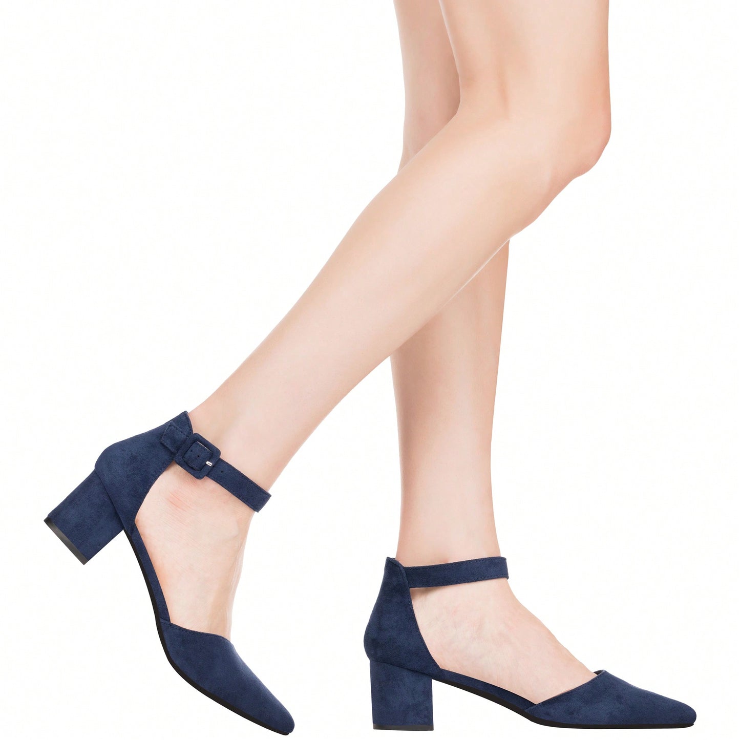 Women Point Toe Chunky Heeled Ankle Strap Pumps Fashionable Pointed Toe Ankle Strap Stiletto Heels Elegant Pumps Suede