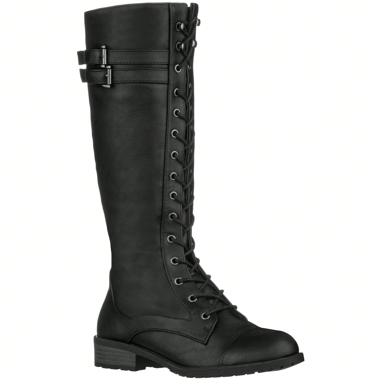 Women's Knee High Riding Boot Lace Up Boot Fashionable Buckle Wide Calf Knee High Combat Boot