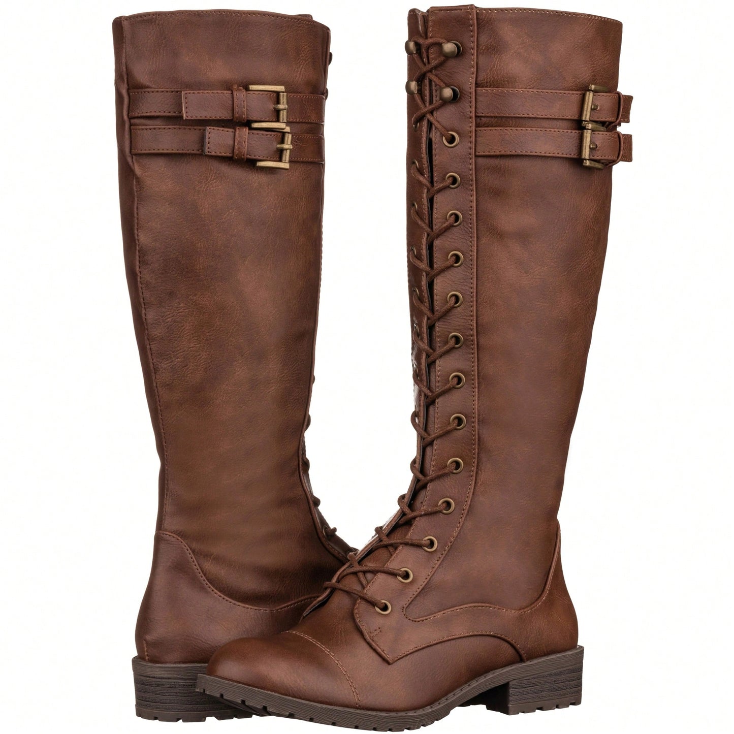 Women's Knee High Riding Boot Lace Up Boot Fashionable Buckle Wide Calf Knee High Combat Boot