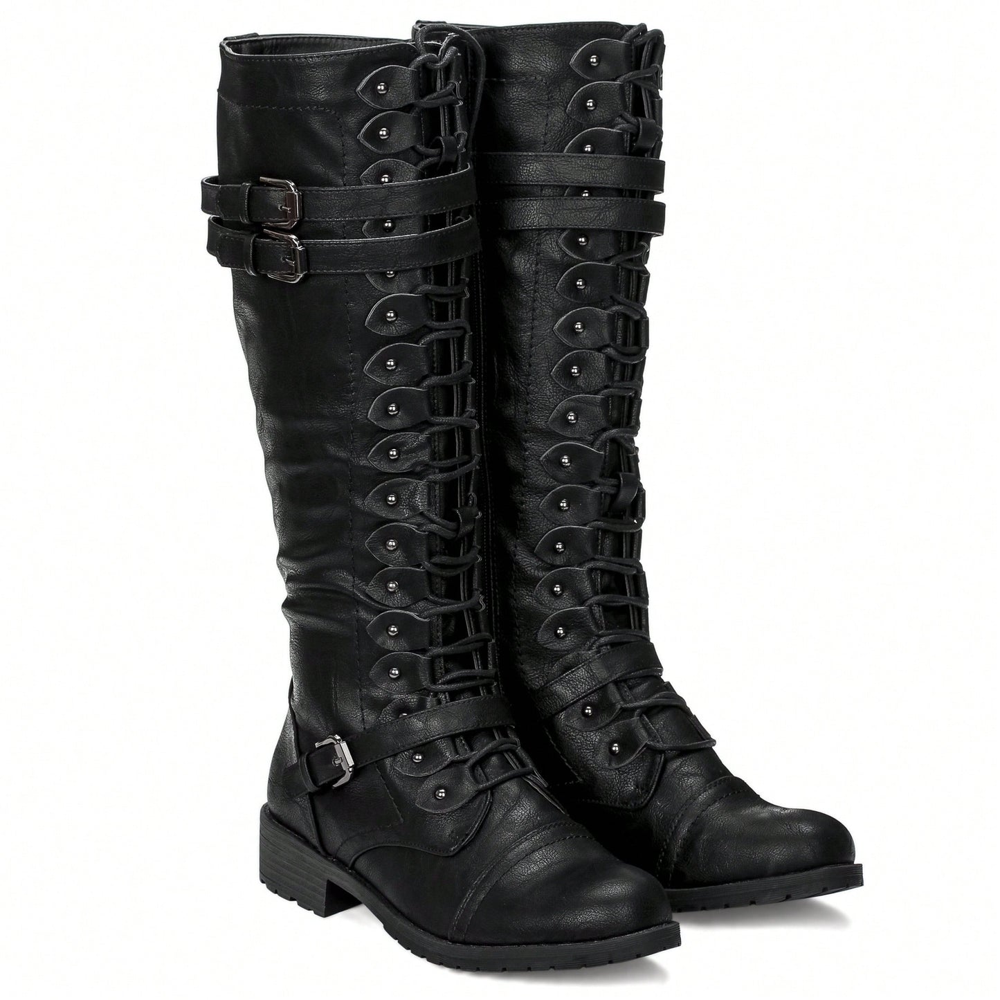 Women's Knee High Riding Boot Lace Up Boot Fashionable Buckle Wide Calf Knee High Boots Combat Boot