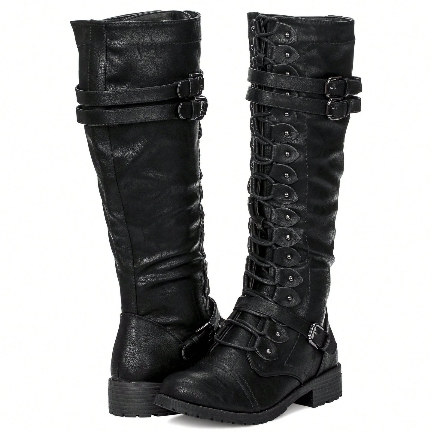 Women's Knee High Riding Boot Lace Up Boot Fashionable Buckle Wide Calf Knee High Boots Combat Boot