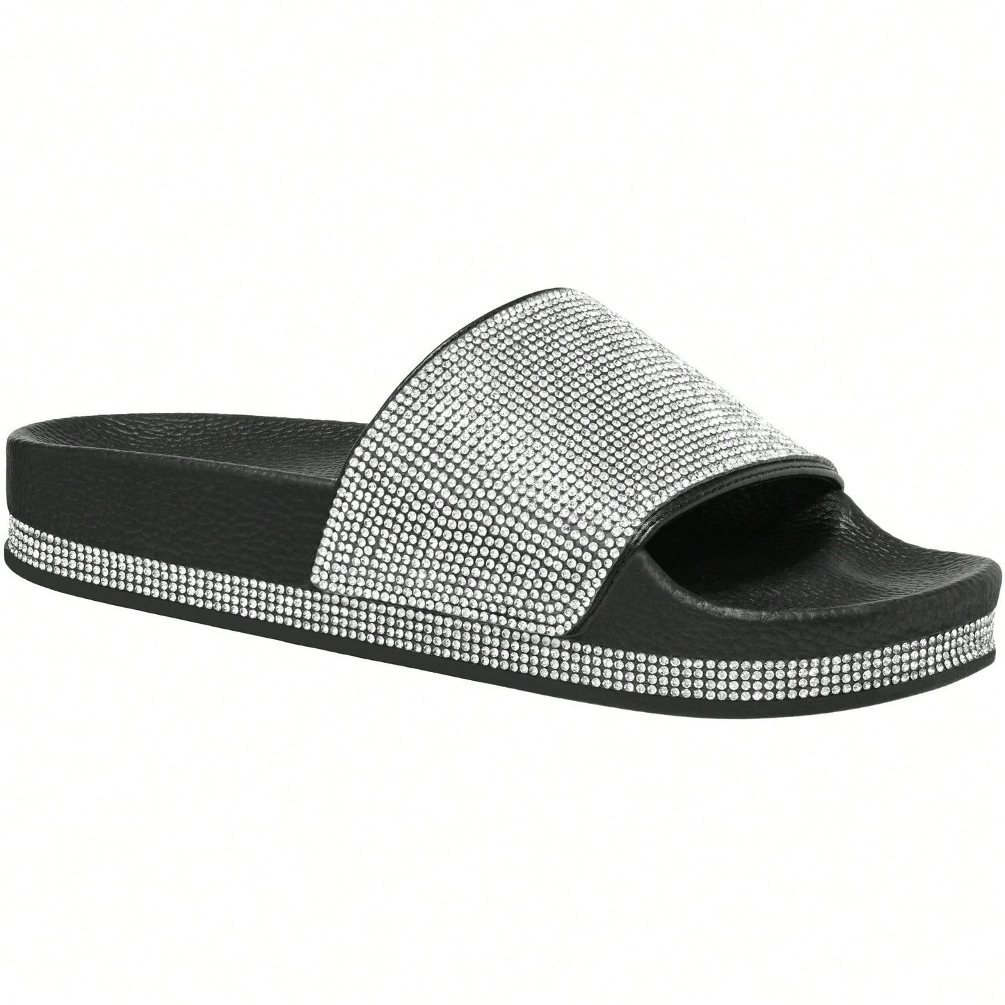 Women Rhinestone Decor Outdoor And Indoor Glamorous Black Flat Slides Rhinestone Slide Sandals