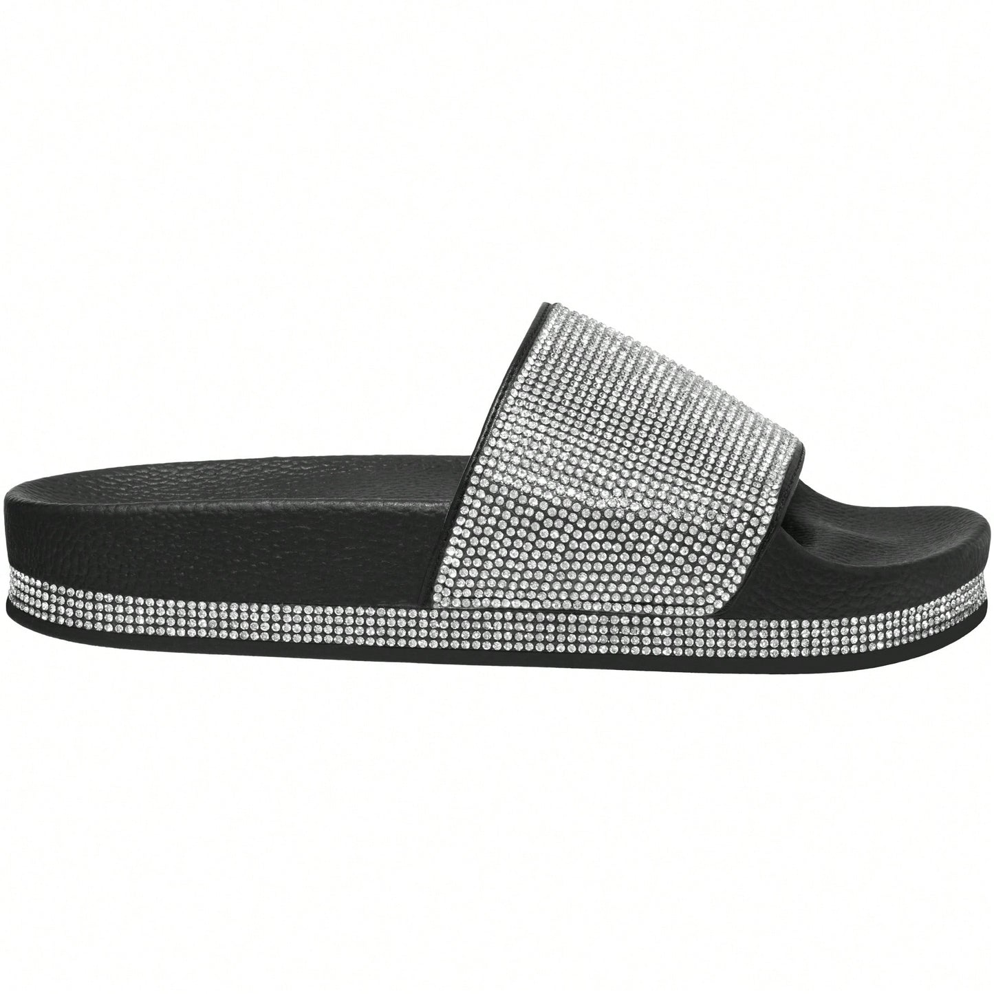 Women Rhinestone Decor Outdoor And Indoor Glamorous Black Flat Slides Rhinestone Slide Sandals
