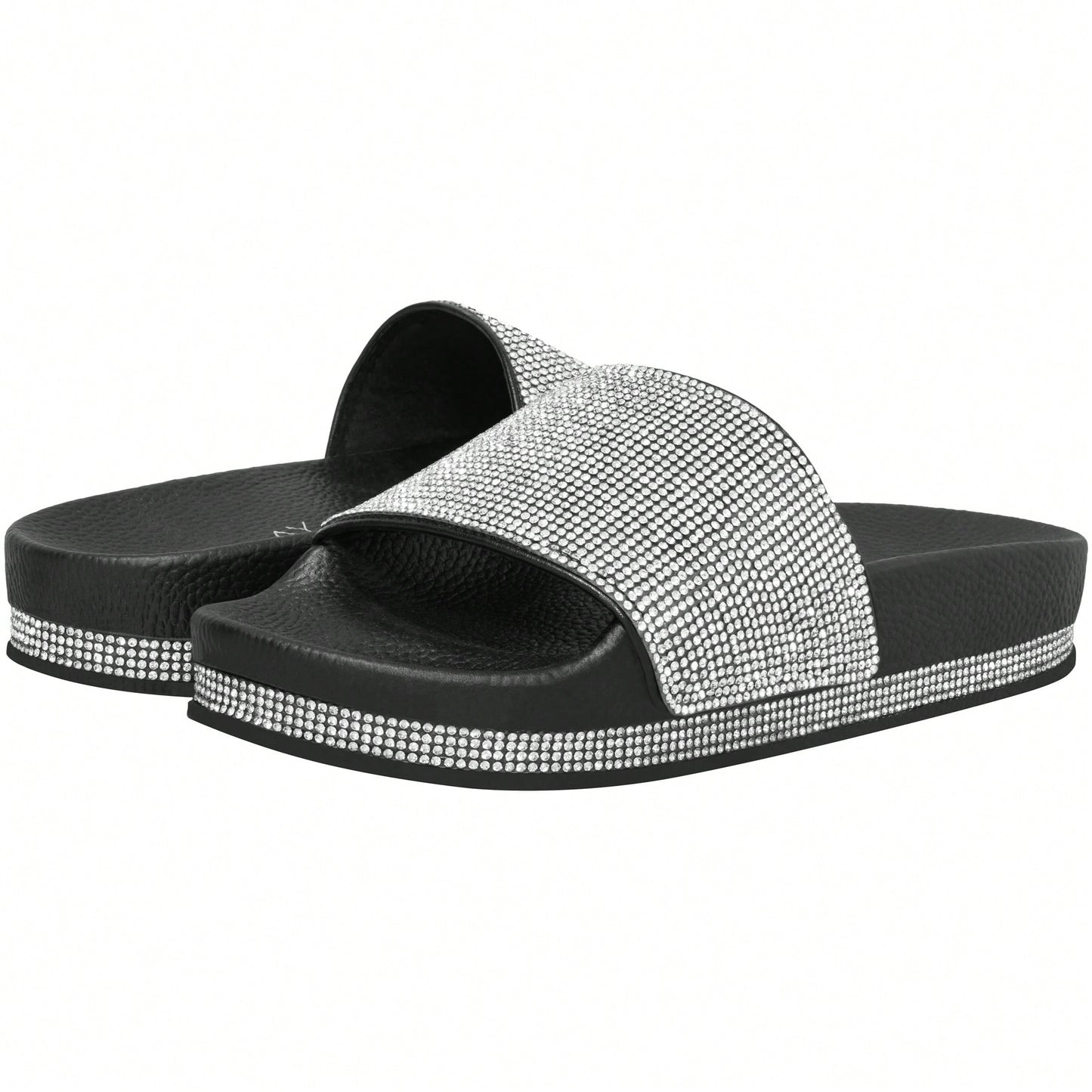 Women Rhinestone Decor Outdoor And Indoor Glamorous Black Flat Slides Rhinestone Slide Sandals