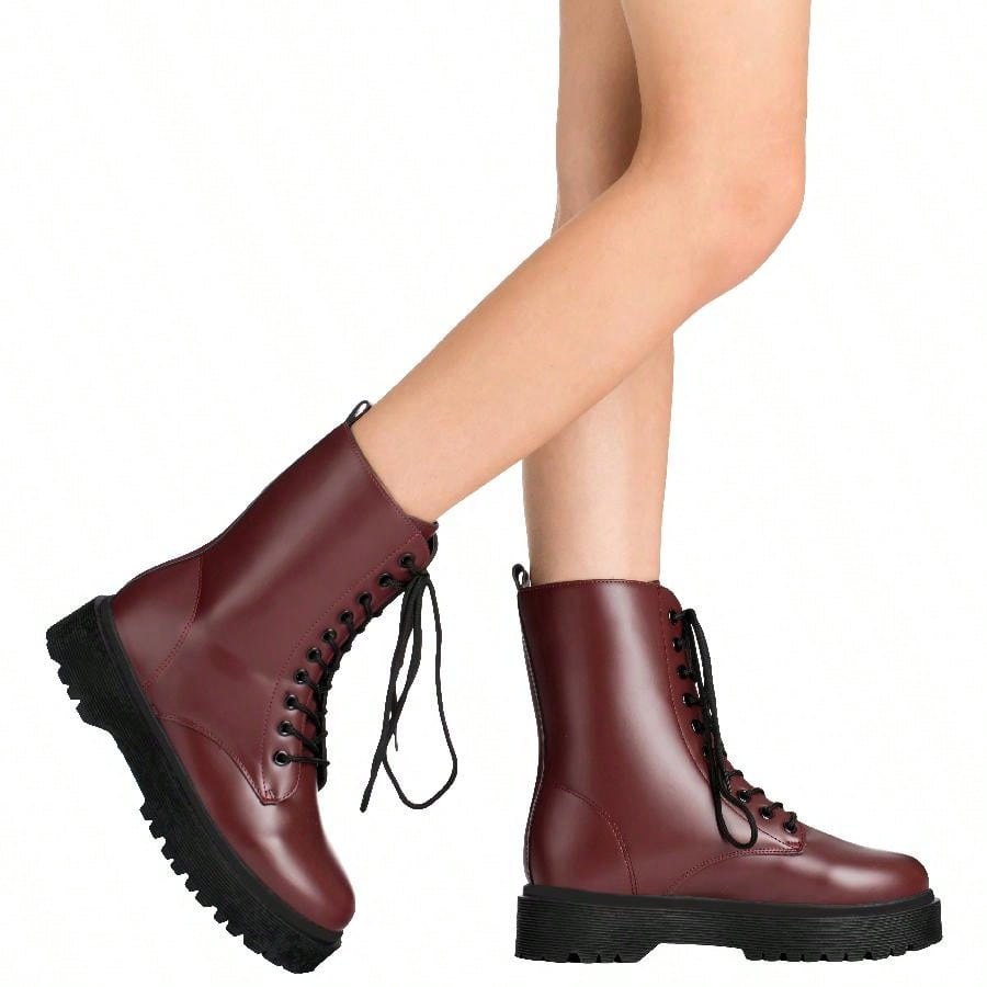 Women Lace-Up Front Combat Boots Fashionable Round Toe Low Heel Boots Chunky Platform Combat Boot Short Boots With Thick Sole Bottom Ankle Boots