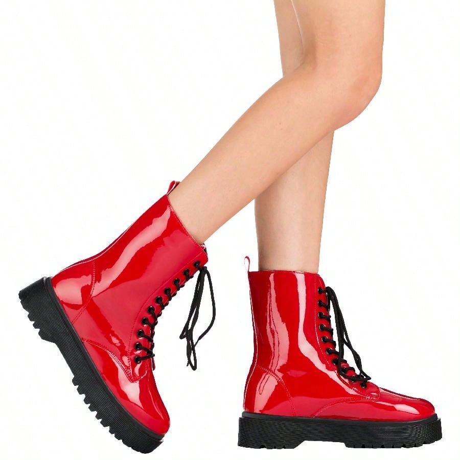 Women Lace-Up Front Combat Boots Fashionable Round Toe Low Heel Boots Chunky Platform Combat Boot Short Boots With Thick Sole Bottom Ankle Boots