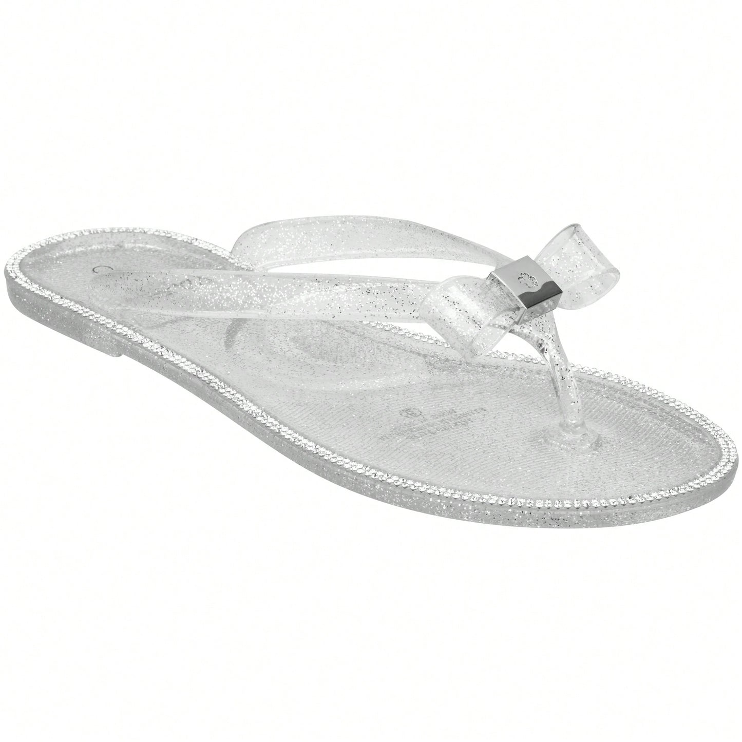 Women Bow Rhinestone Decor Flat Sandals Jelly Slide Sandals Fashionable Outdoor Plastic Flat Sandals Rhinestone Jelly Toe Post Flat Flip Flop Sandals