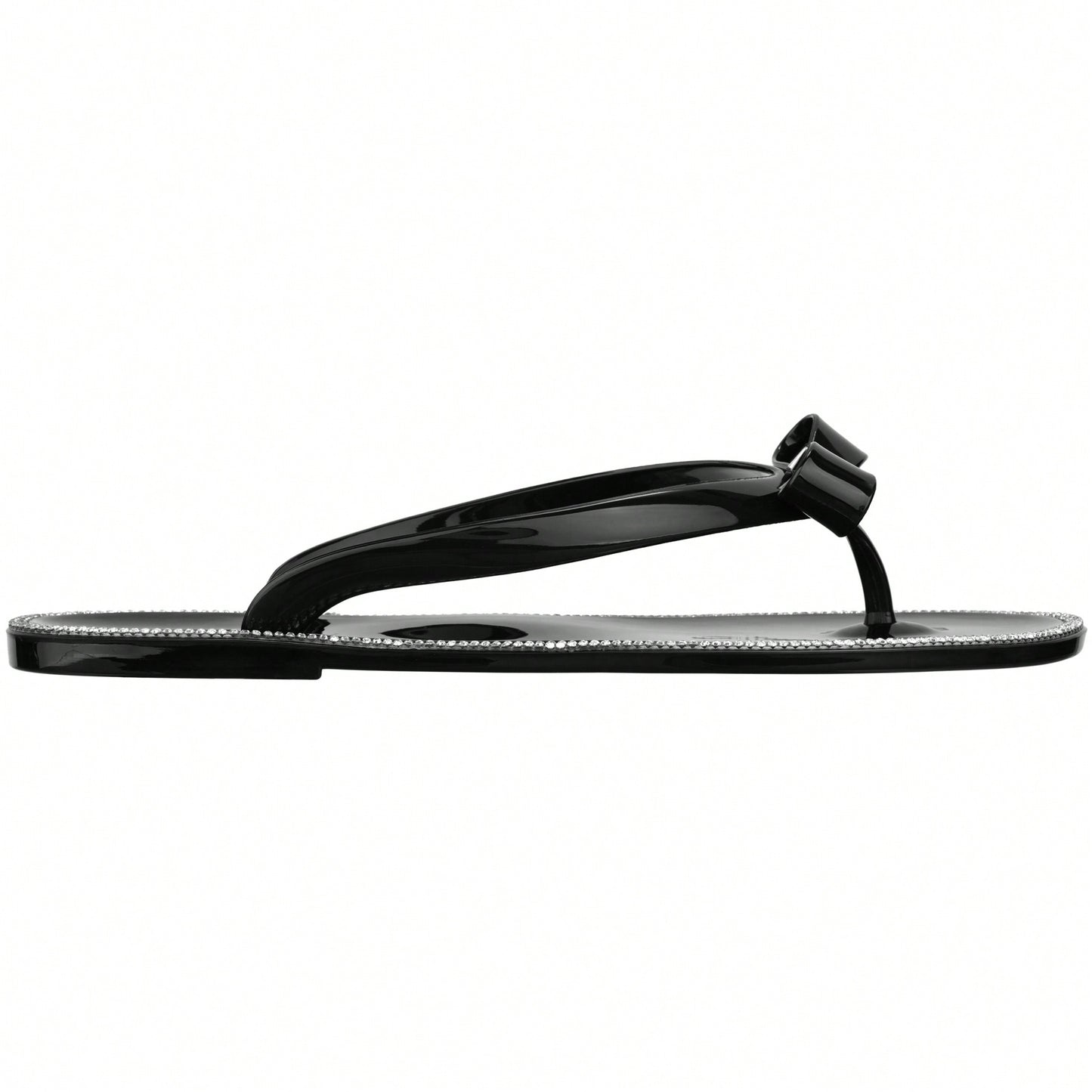 Women Bow Rhinestone Decor Flat Sandals Jelly Slide Sandals Fashionable Outdoor Plastic Flat Sandals Rhinestone Jelly Toe Post Flat Flip Flop Sandals