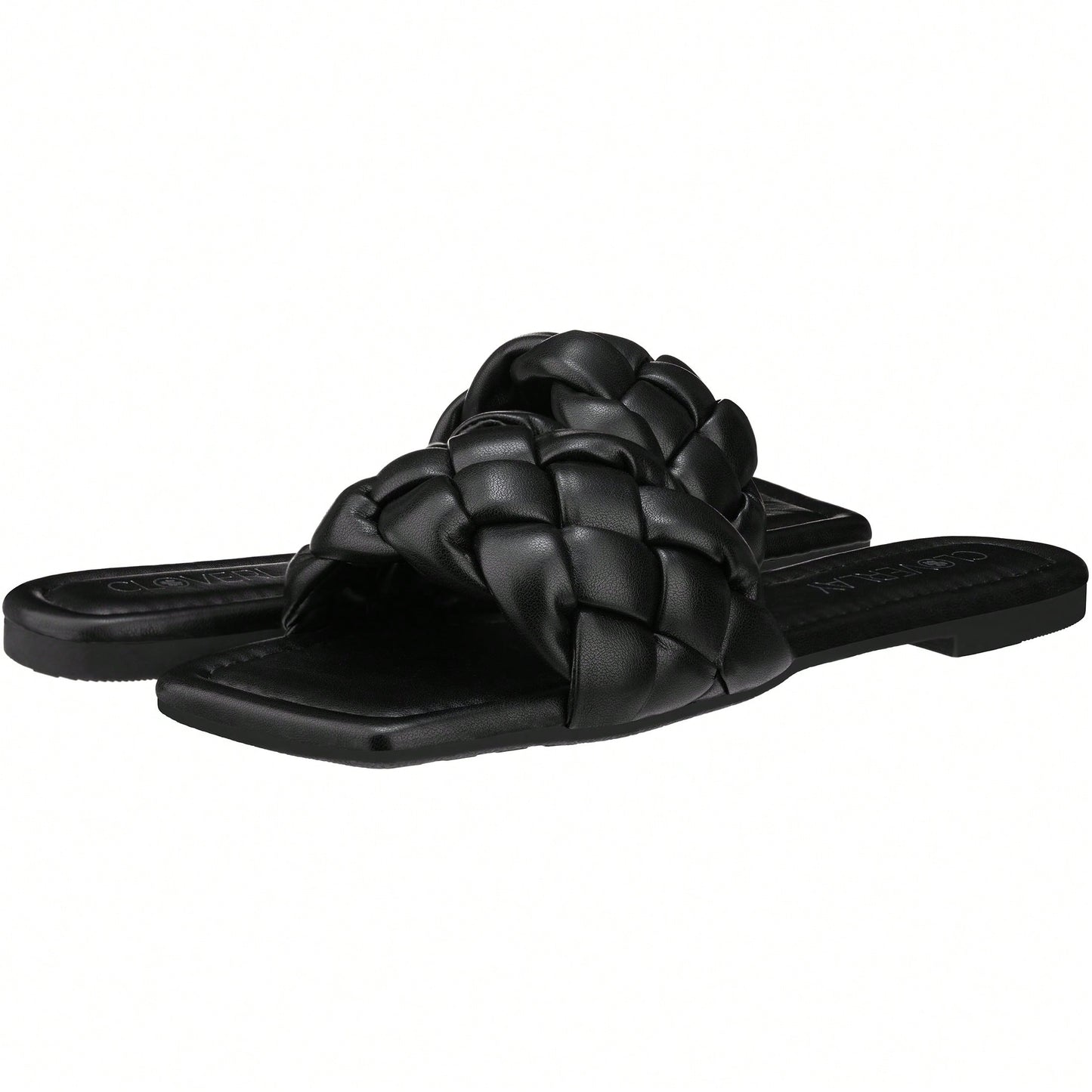 Women Braided Design Single Band Flat Sandals Open Toe Slide Sandals Square Toe Woven Sandals