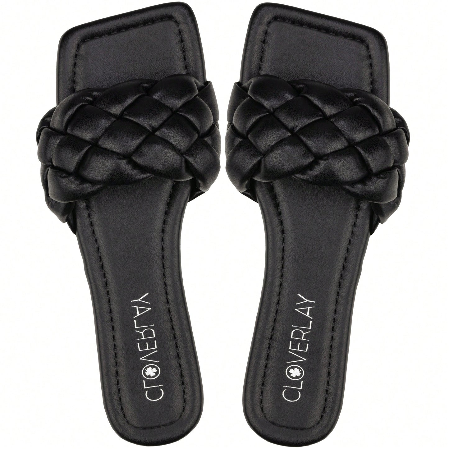 Women Braided Design Single Band Flat Sandals Open Toe Slide Sandals Square Toe Woven Sandals