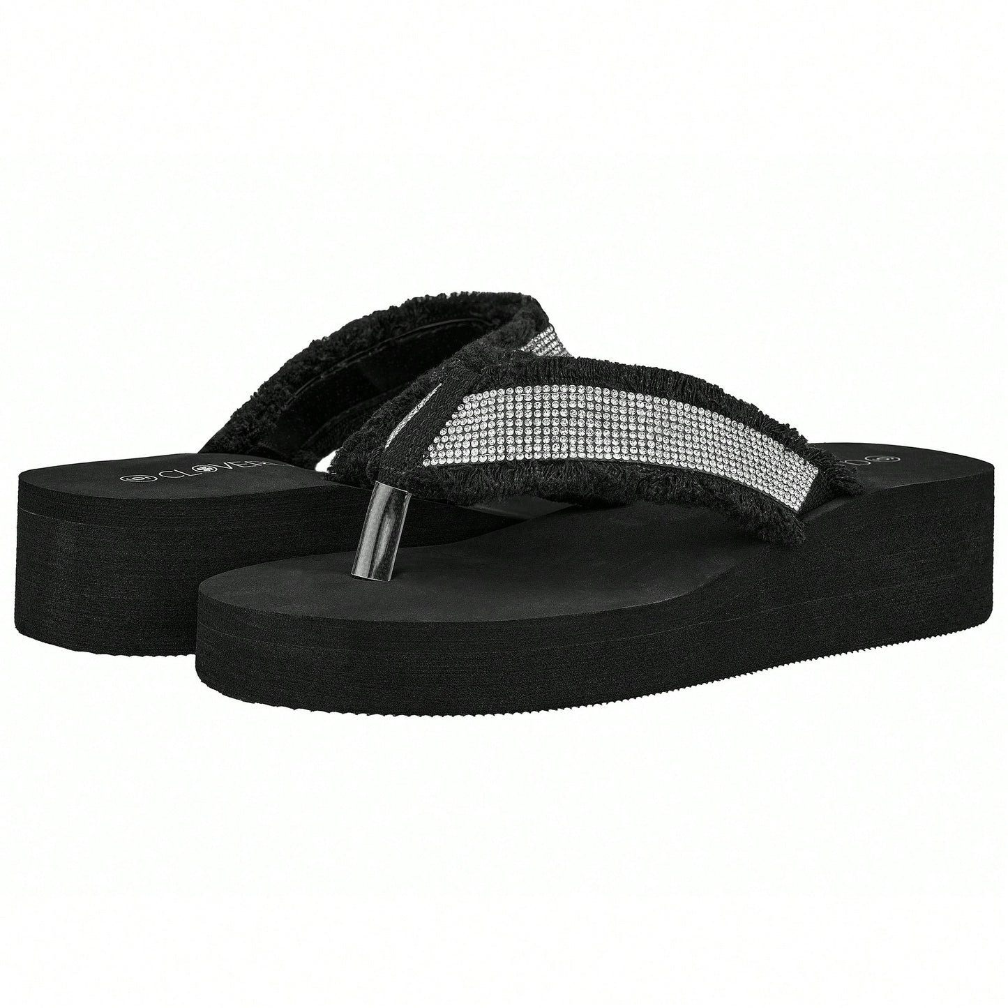 Women's Fashionable Rhinestone Decor Flip Flops Thick Bottom Wedge Beach Sandals Platform Flip Flop Toe Post Design Slippers Summer Sandals