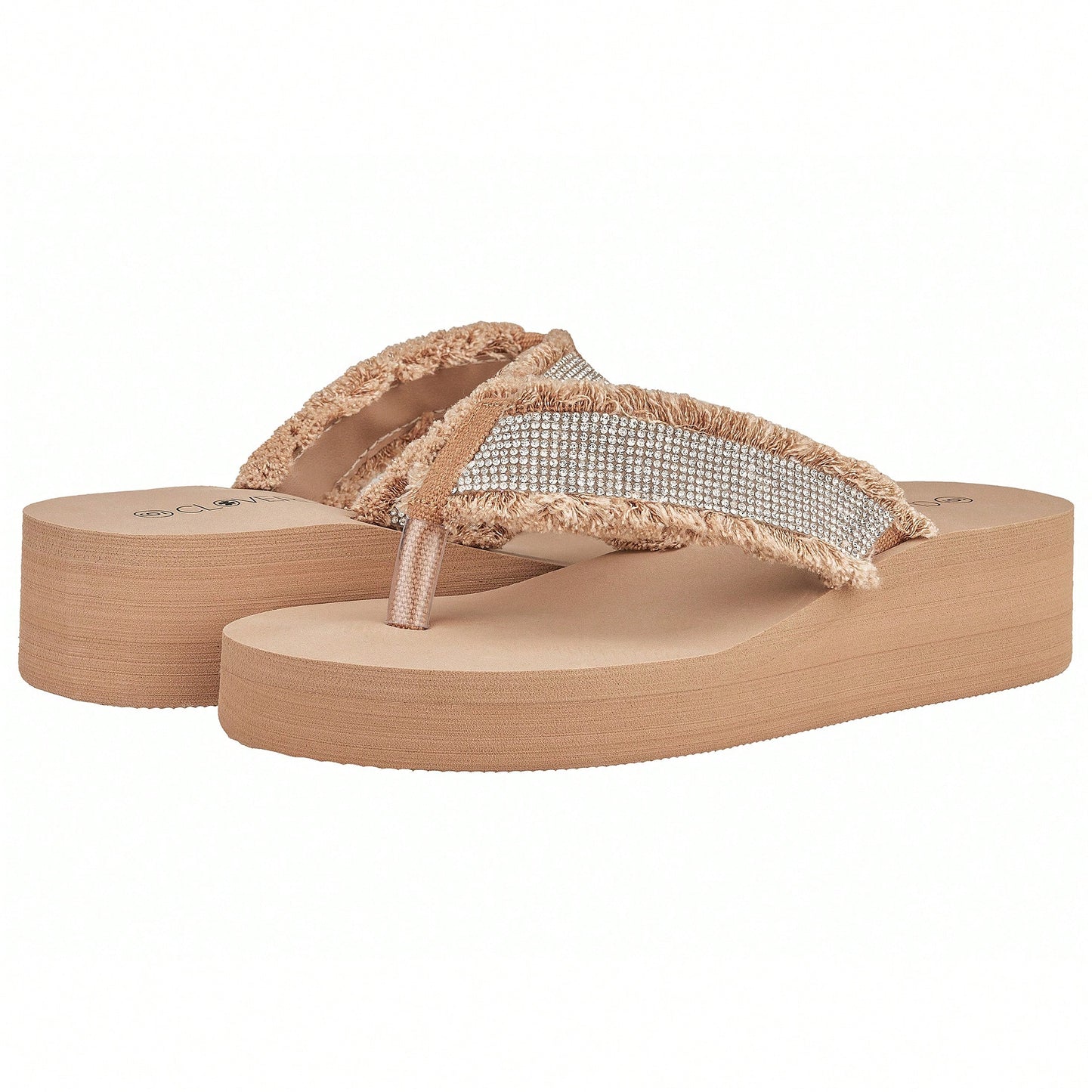 Women's Fashionable Rhinestone Decor Flip Flops Thick Bottom Wedge Beach Sandals Platform Flip Flop Toe Post Design Slippers Summer Sandals