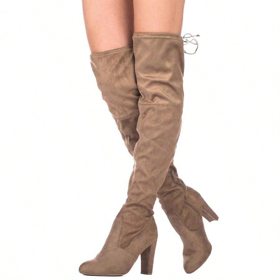Women's Tie Back Knee High Chunky Heel Boots Fashionable Thigh High Over The Knee Heeled Boots