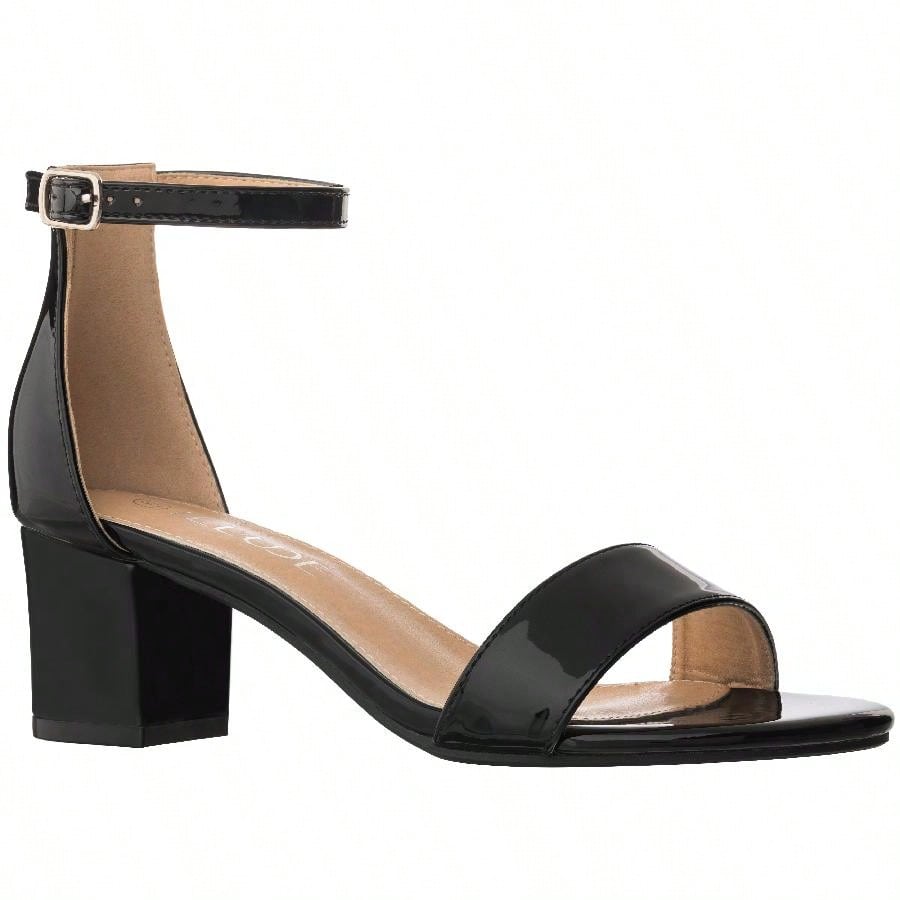 Women Buckle Decor Chunky Heeled Sandals Elegant Summer Ankle Strap Sandals Chunky Heeled Ankle Strap Sandals Low Heeled Sandal Patent