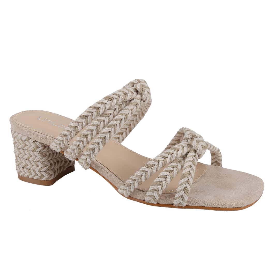 Women's Slip On Square Toe Chunky Heels Sandals, Straw Heel Braided Upper
