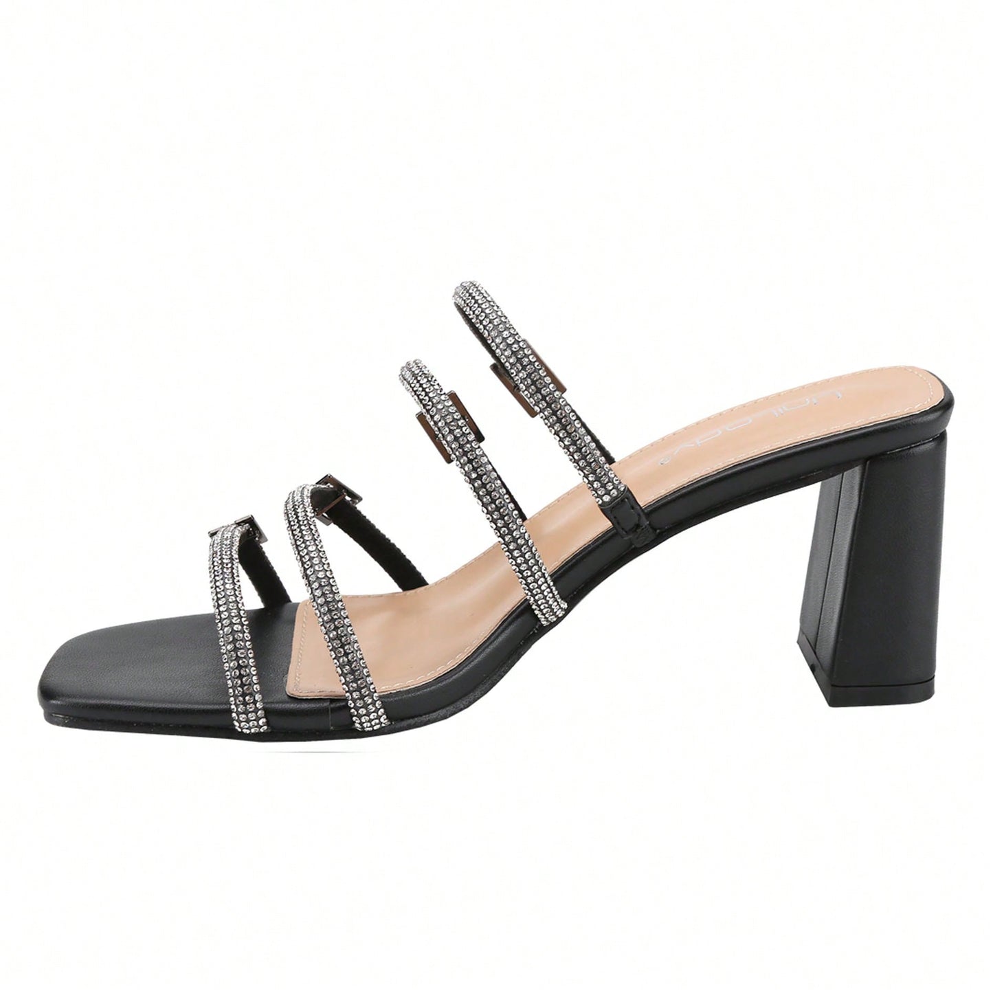 Women's Slip On Square Toe Chunky Heels Sandals, Strappy Buckle With Rhinestone