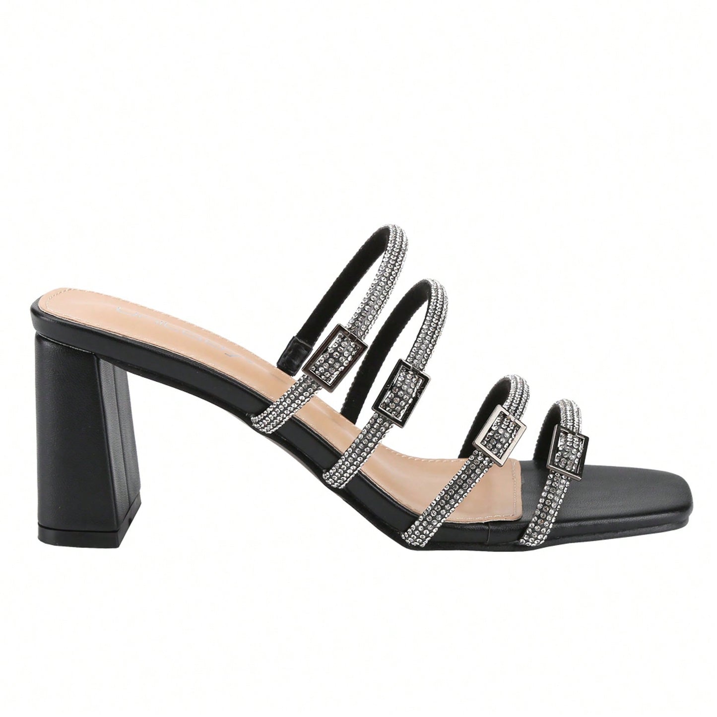 Women's Slip On Square Toe Chunky Heels Sandals, Strappy Buckle With Rhinestone