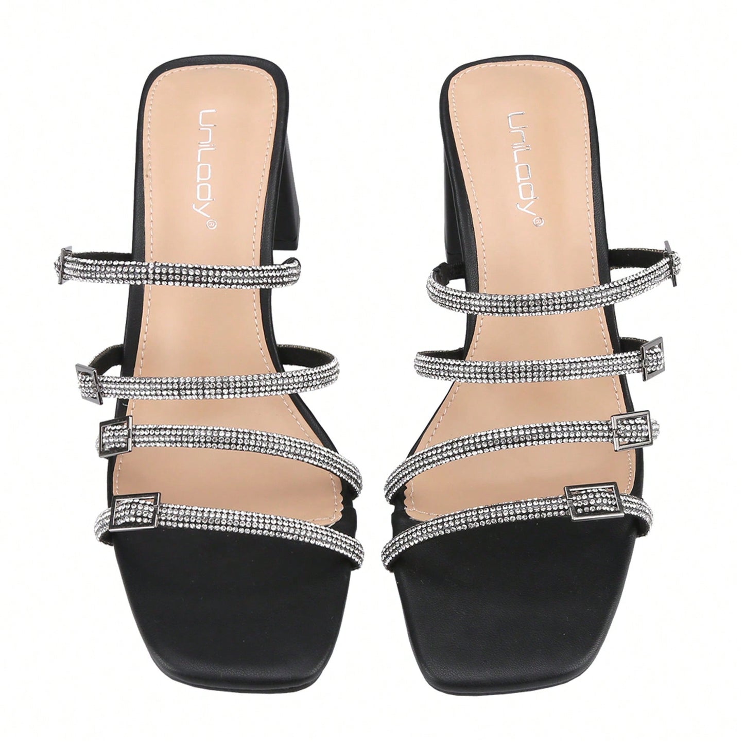 Women's Slip On Square Toe Chunky Heels Sandals, Strappy Buckle With Rhinestone