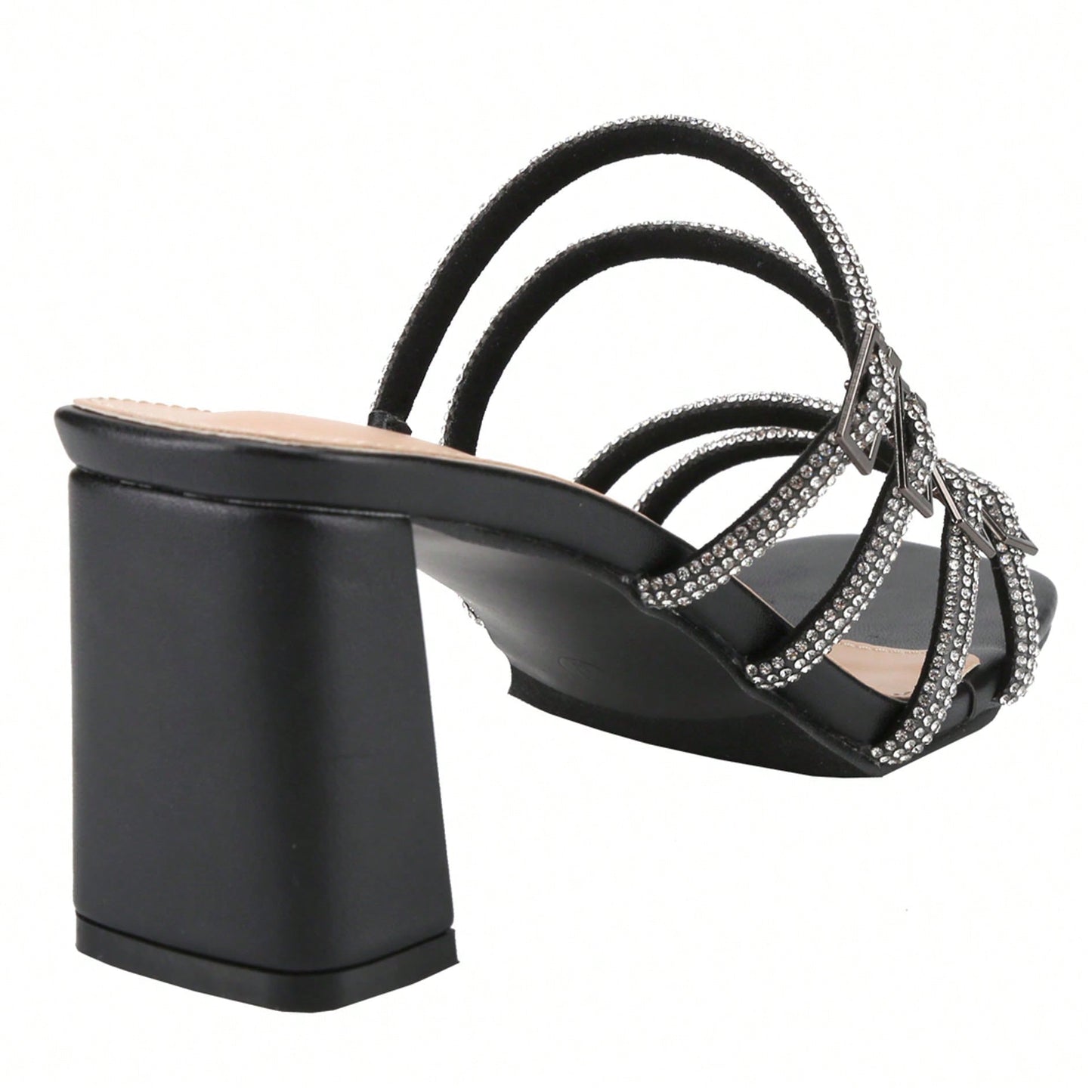 Women's Slip On Square Toe Chunky Heels Sandals, Strappy Buckle With Rhinestone