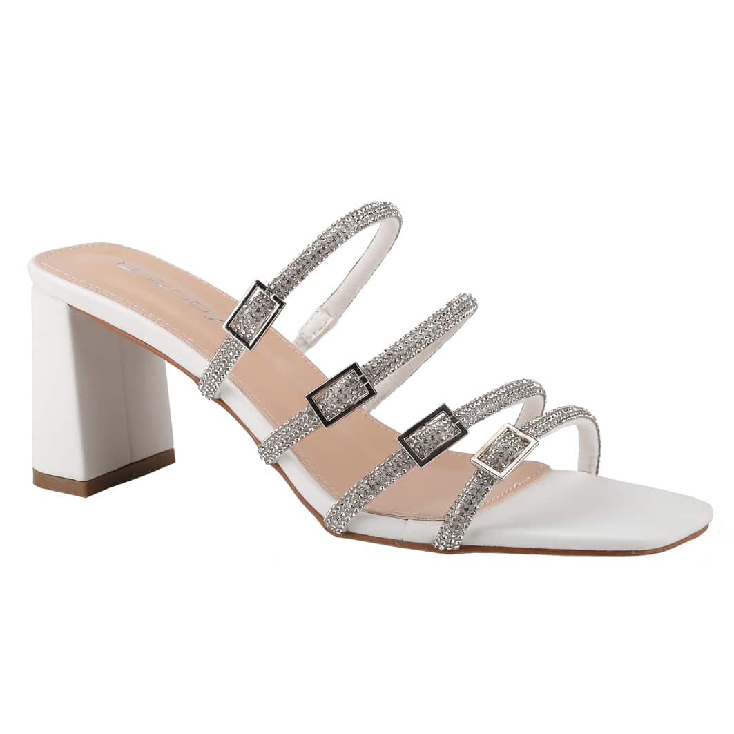 Women's Slip On Square Toe Chunky Heels Sandals, Strappy Buckle With Rhinestone
