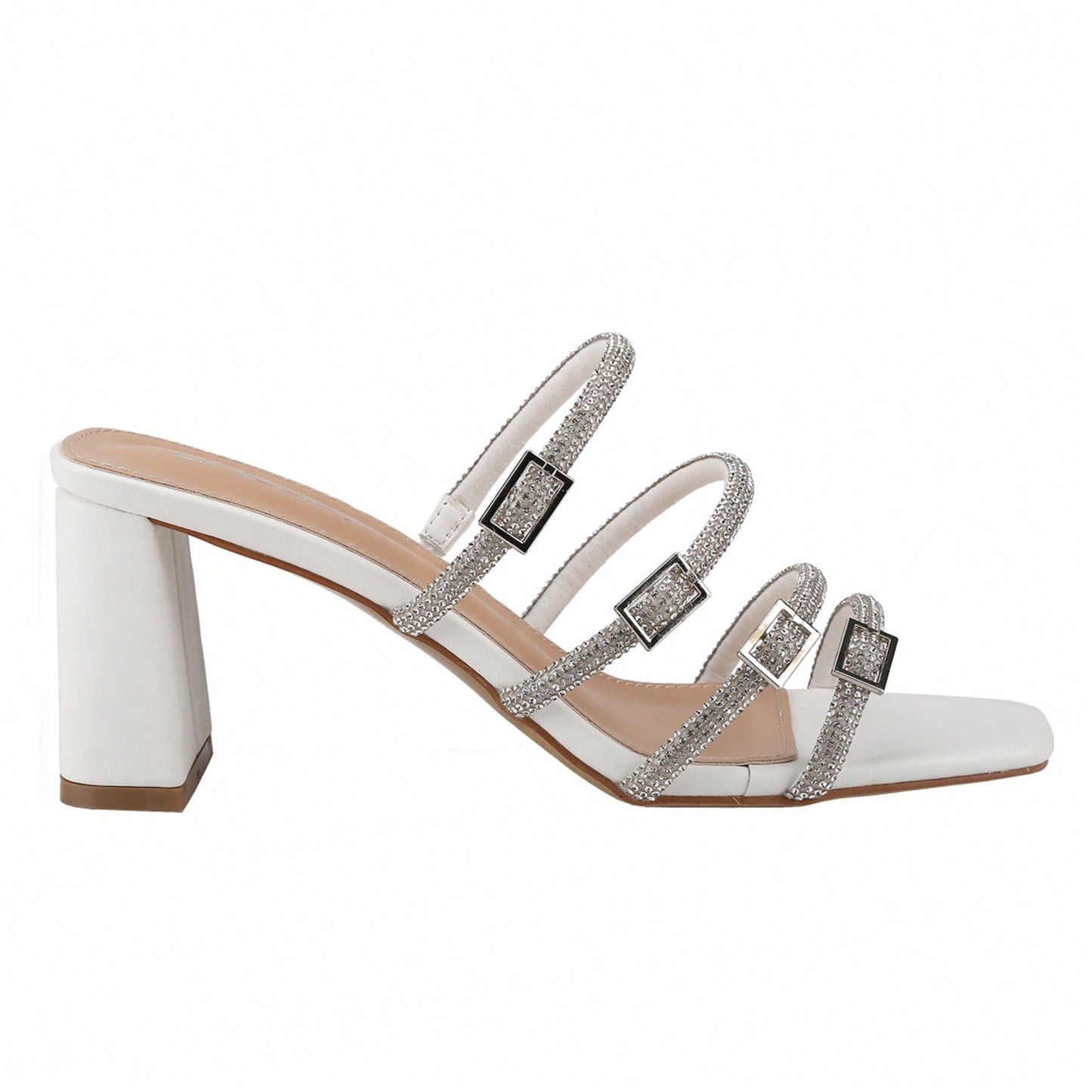 Women's Slip On Square Toe Chunky Heels Sandals, Strappy Buckle With Rhinestone