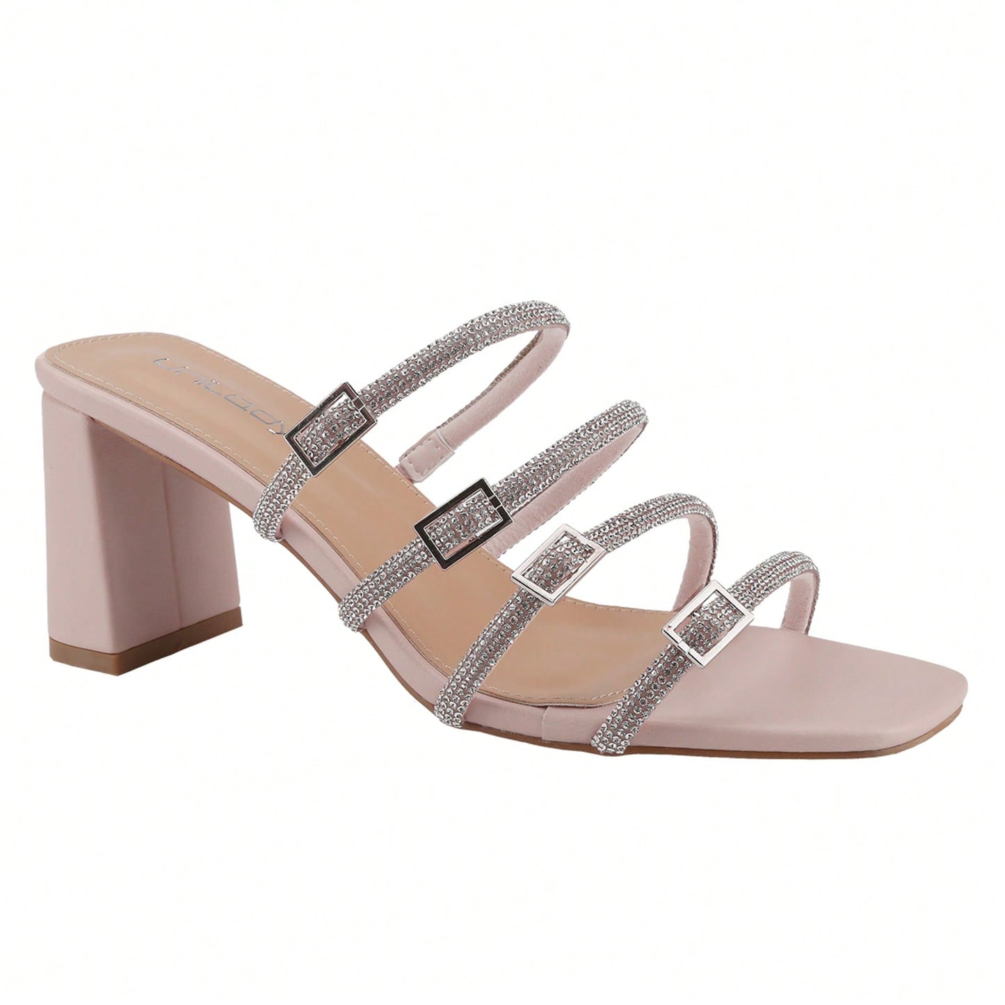 Women's Slip On Square Toe Chunky Heels Sandals, Strappy Buckle With Rhinestone