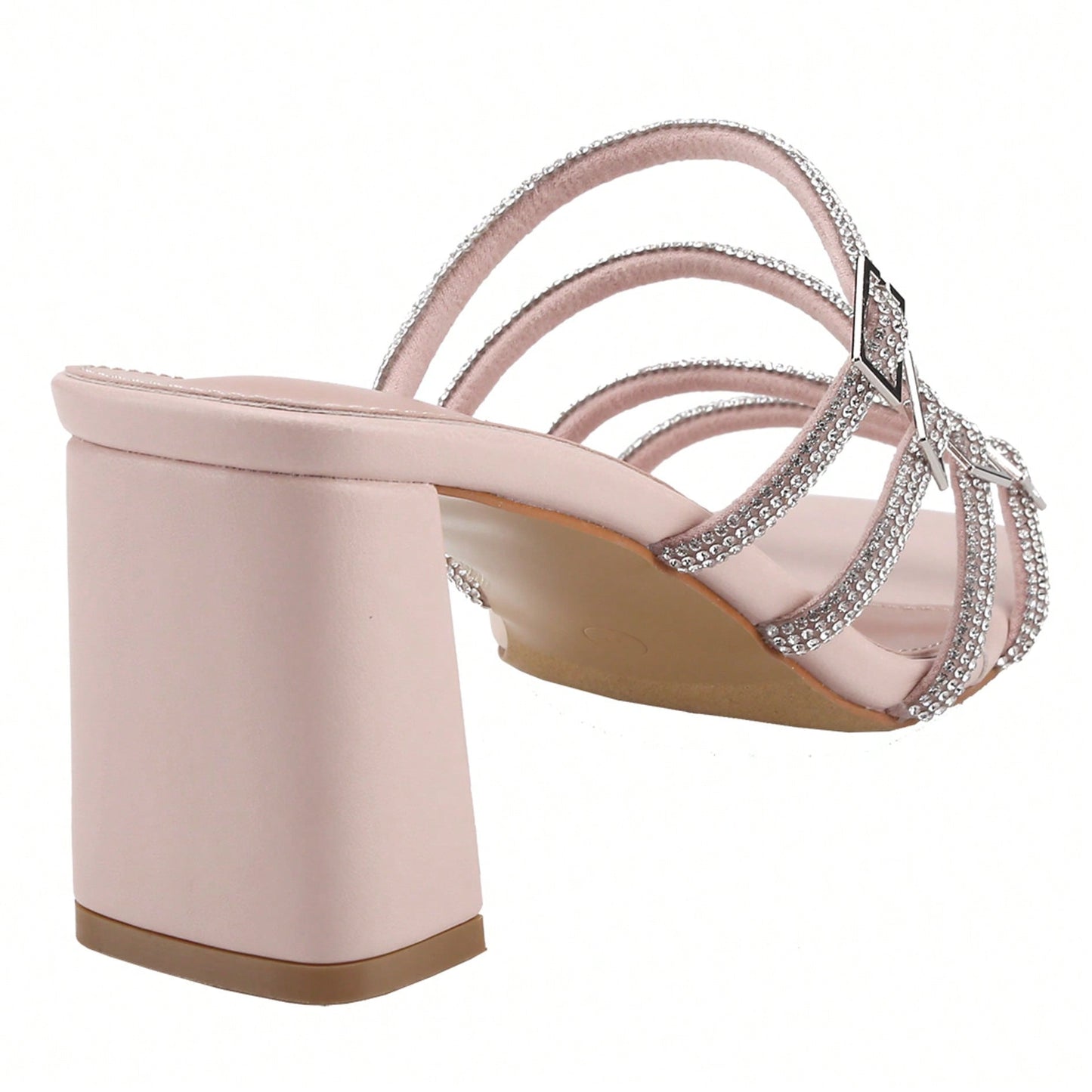Women's Slip On Square Toe Chunky Heels Sandals, Strappy Buckle With Rhinestone