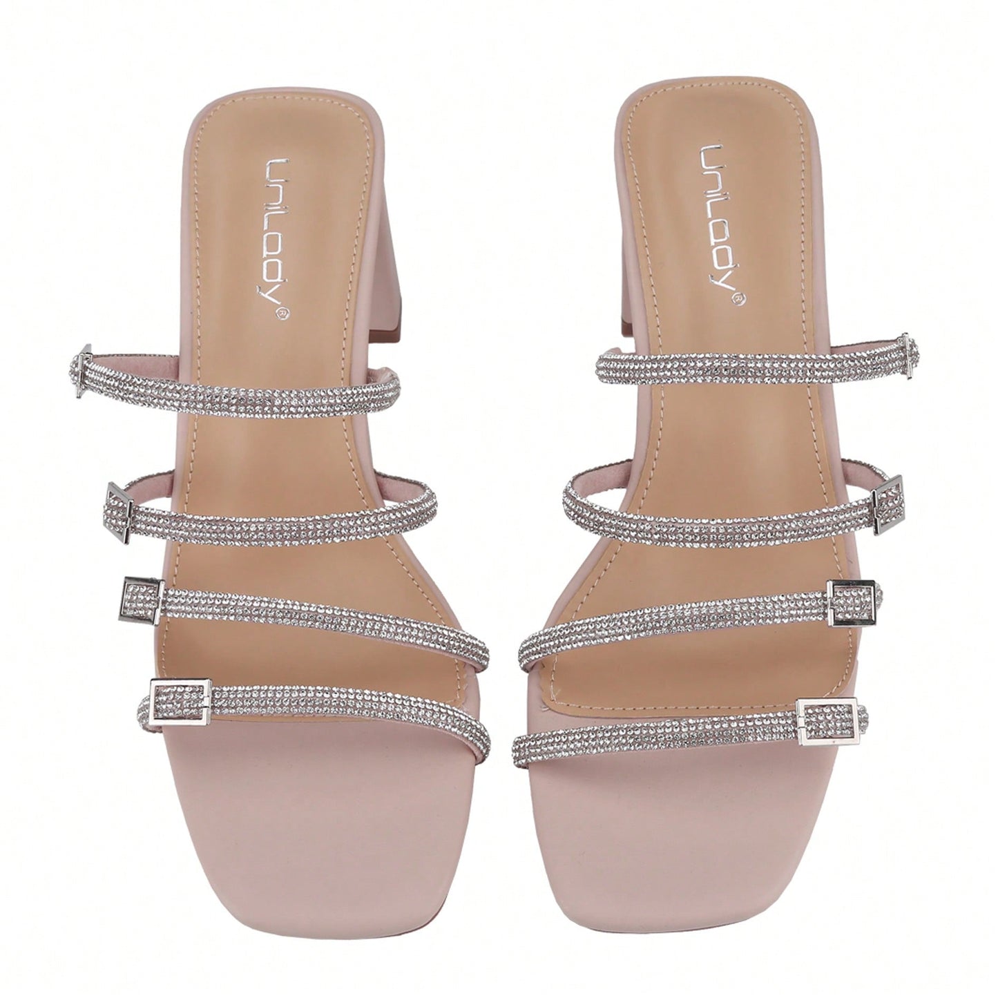 Women's Slip On Square Toe Chunky Heels Sandals, Strappy Buckle With Rhinestone