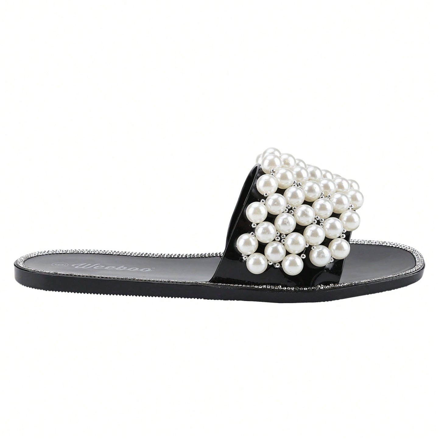 Women's Sparkle Pearl Flat Sandals Fashion Square Open Toe Jeweled Slides Slip On Rhinestone Bling Slippers