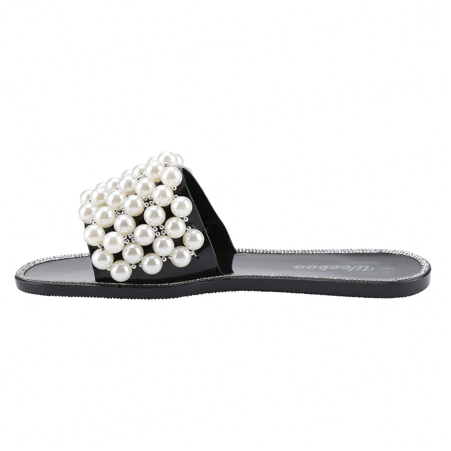Women's Sparkle Pearl Flat Sandals Fashion Square Open Toe Jeweled Slides Slip On Rhinestone Bling Slippers