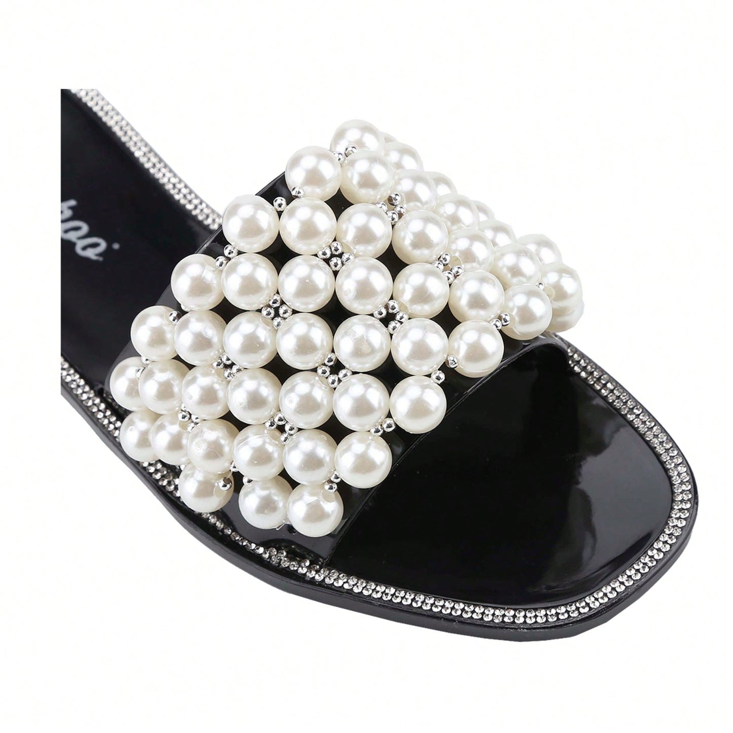 Women's Sparkle Pearl Flat Sandals Fashion Square Open Toe Jeweled Slides Slip On Rhinestone Bling Slippers