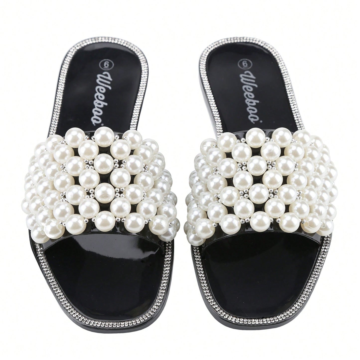Women's Sparkle Pearl Flat Sandals Fashion Square Open Toe Jeweled Slides Slip On Rhinestone Bling Slippers