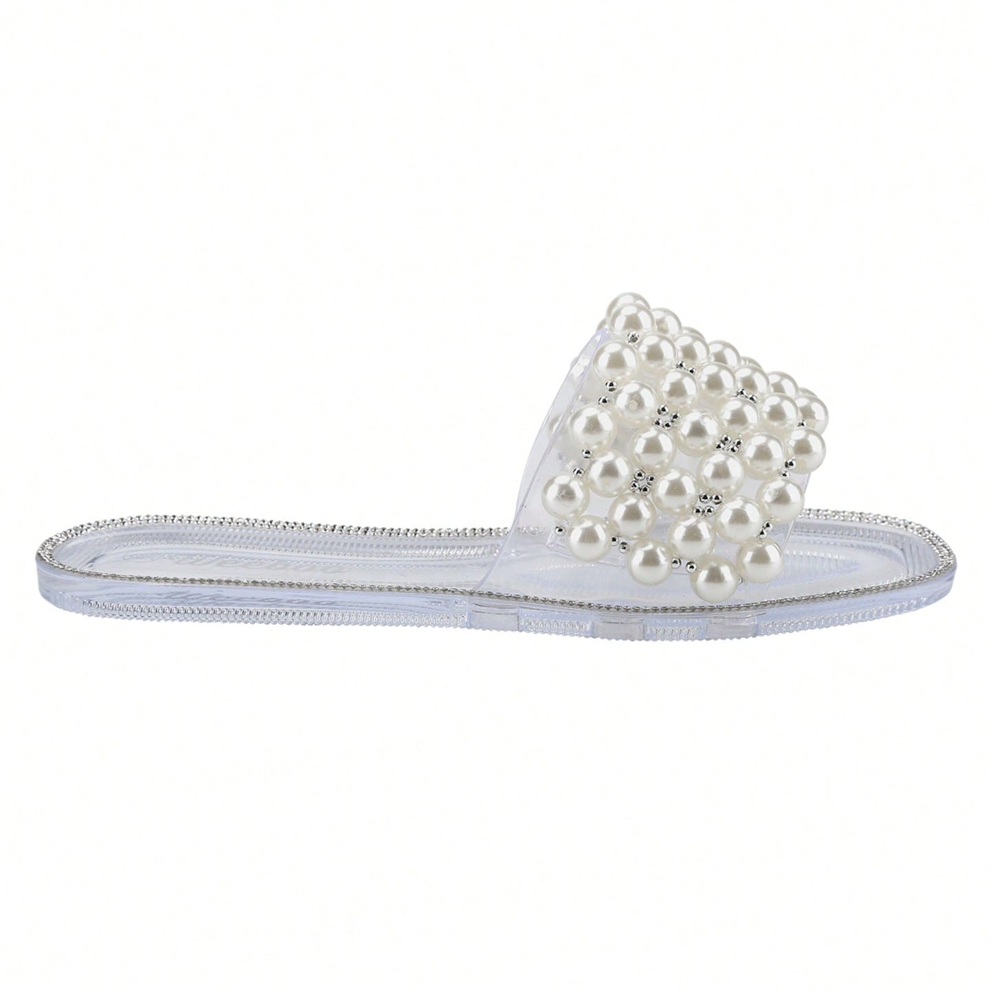 Women's Sparkle Pearl Flat Sandals Fashion Square Open Toe Jeweled Slides Slip On Rhinestone Bling Slippers