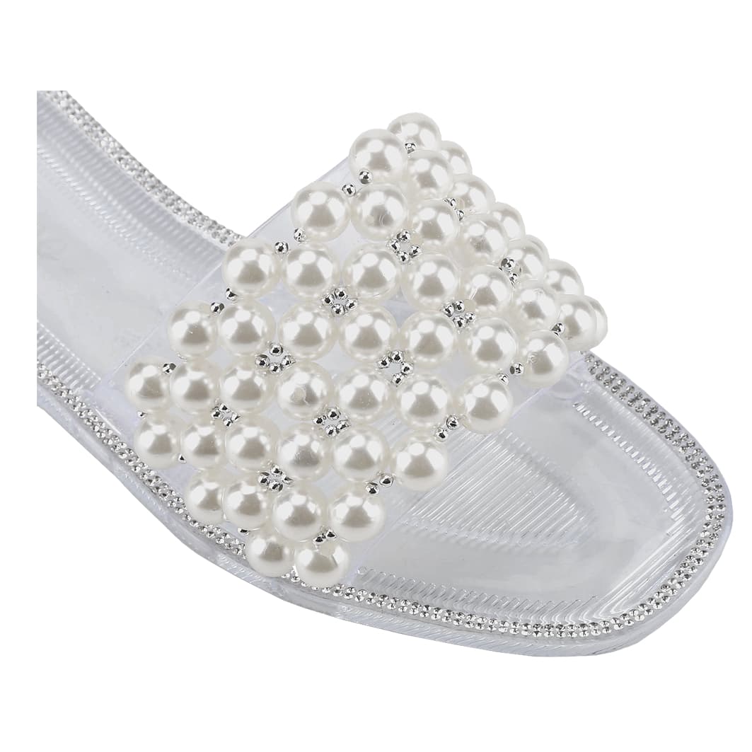 Women's Sparkle Pearl Flat Sandals Fashion Square Open Toe Jeweled Slides Slip On Rhinestone Bling Slippers