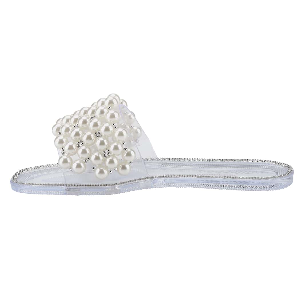 Women's Sparkle Pearl Flat Sandals Fashion Square Open Toe Jeweled Slides Slip On Rhinestone Bling Slippers
