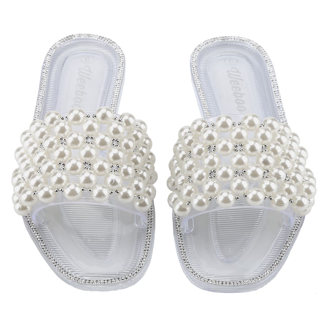 Women's Sparkle Pearl Flat Sandals Fashion Square Open Toe Jeweled Slides Slip On Rhinestone Bling Slippers