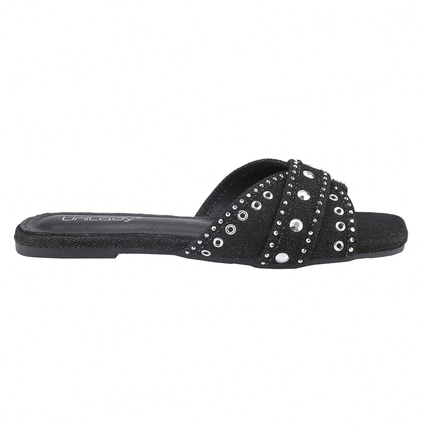 Women's Square Open Toe Denim Flat Sandals Slip On Mule Slides Braided Strap Slipper