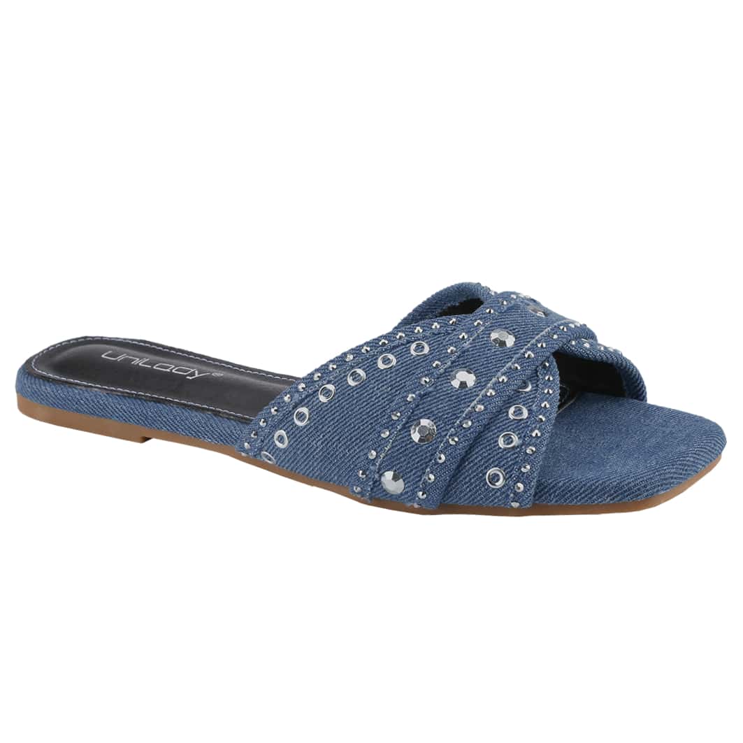 Women's Square Open Toe Denim Flat Sandals Slip On Mule Slides Braided Strap Slipper