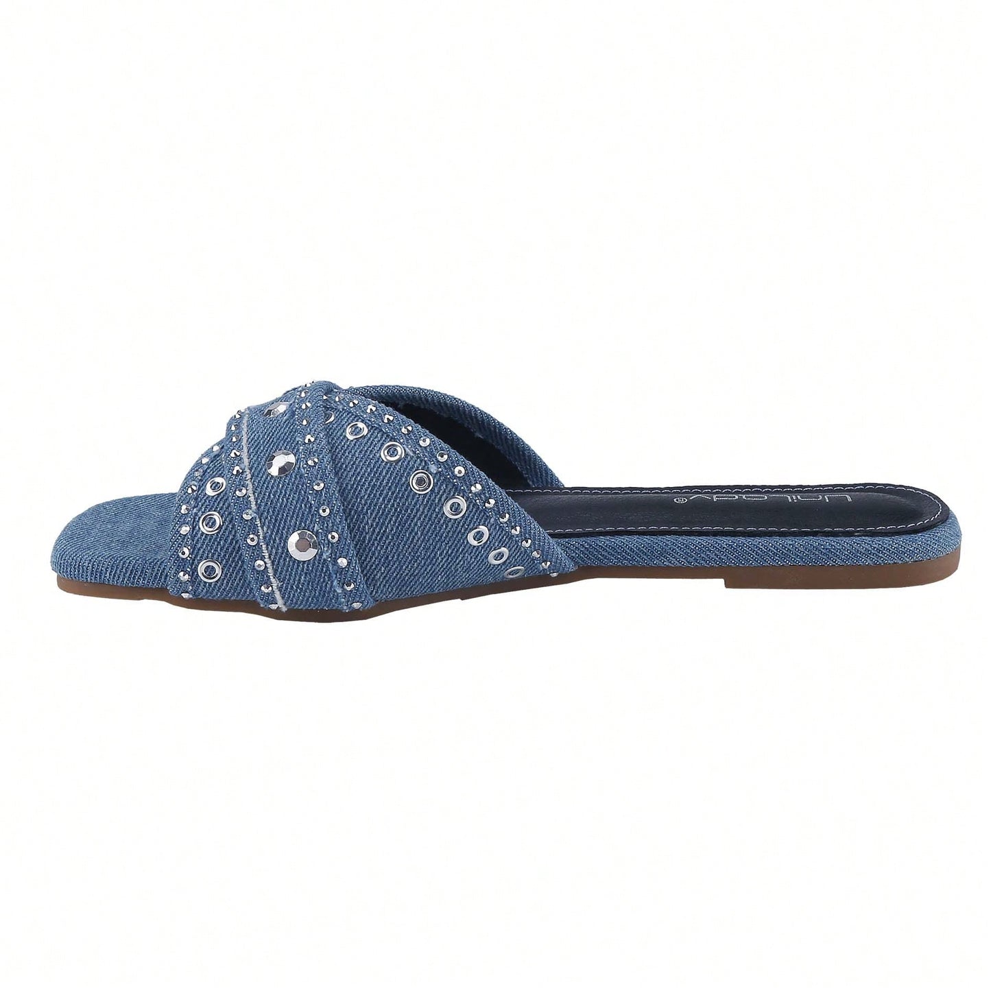 Women's Square Open Toe Denim Flat Sandals Slip On Mule Slides Braided Strap Slipper