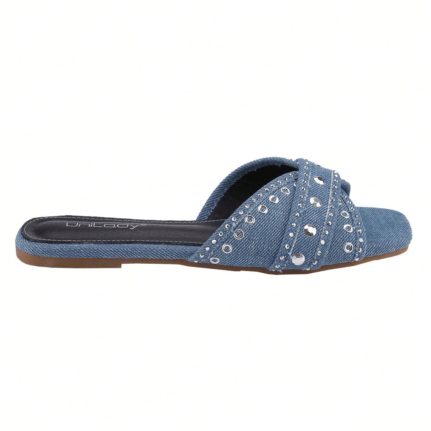 Women's Square Open Toe Denim Flat Sandals Slip On Mule Slides Braided Strap Slipper