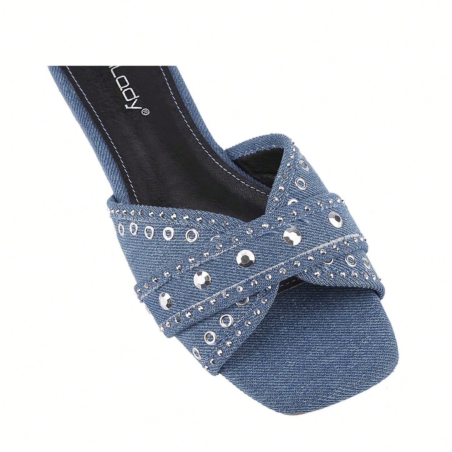 Women's Square Open Toe Denim Flat Sandals Slip On Mule Slides Braided Strap Slipper
