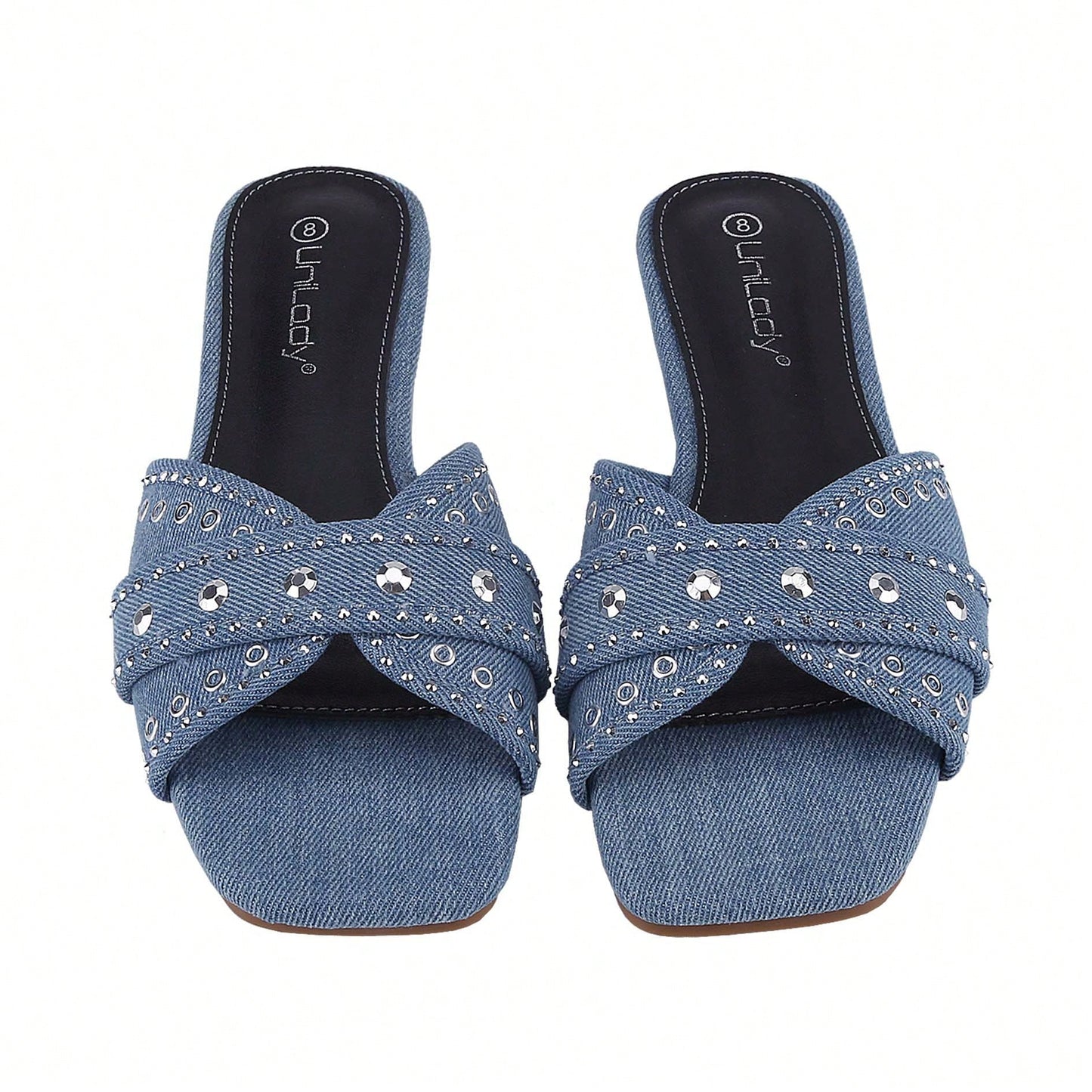 Women's Square Open Toe Denim Flat Sandals Slip On Mule Slides Braided Strap Slipper