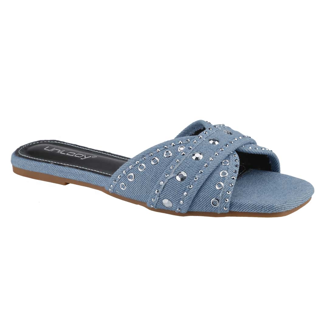 Women's Square Open Toe Denim Flat Sandals Slip On Mule Slides Braided Strap Slipper