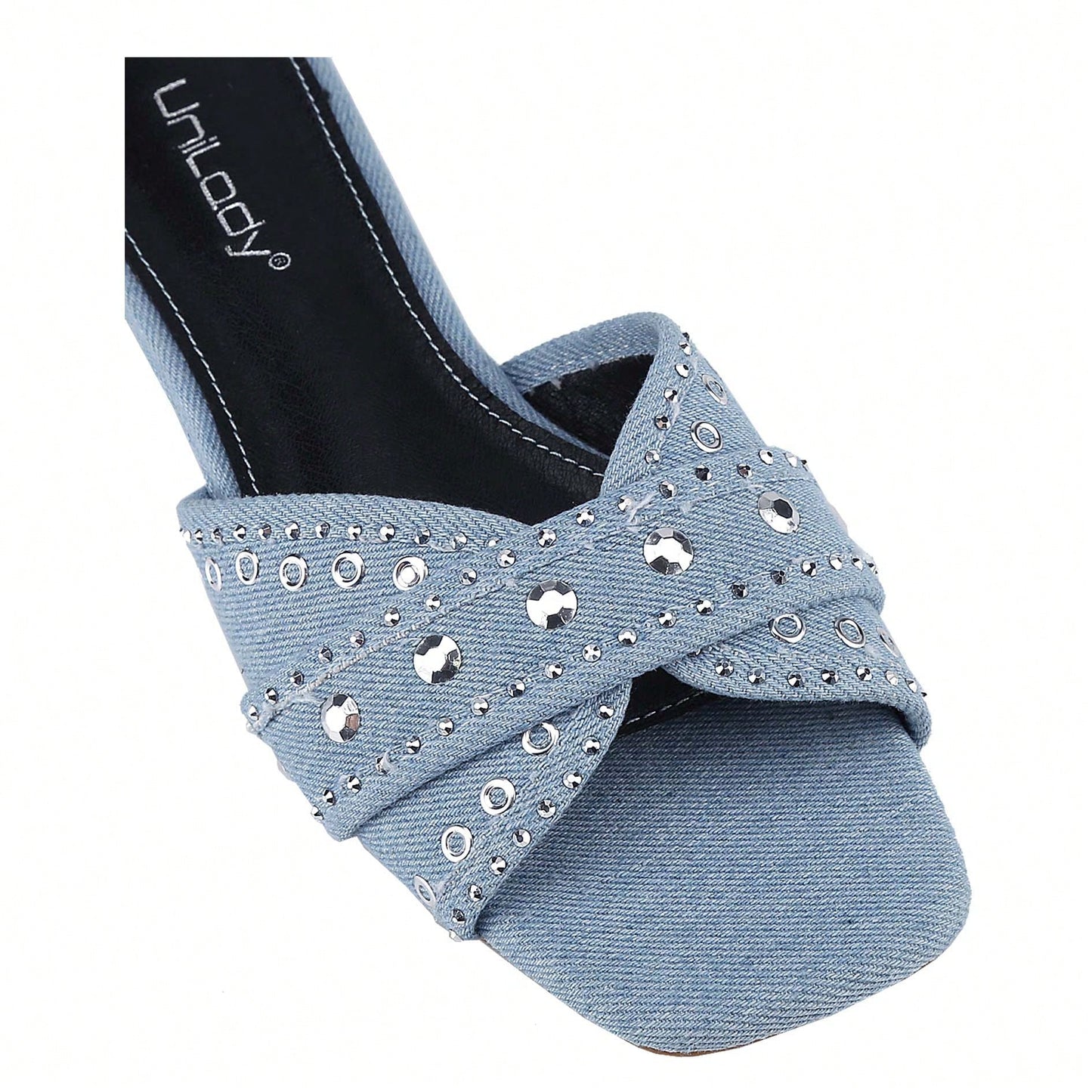 Women's Square Open Toe Denim Flat Sandals Slip On Mule Slides Braided Strap Slipper