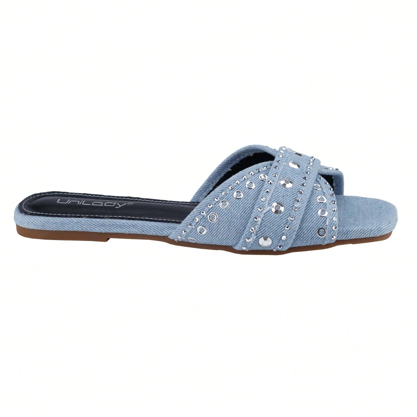 Women's Square Open Toe Denim Flat Sandals Slip On Mule Slides Braided Strap Slipper