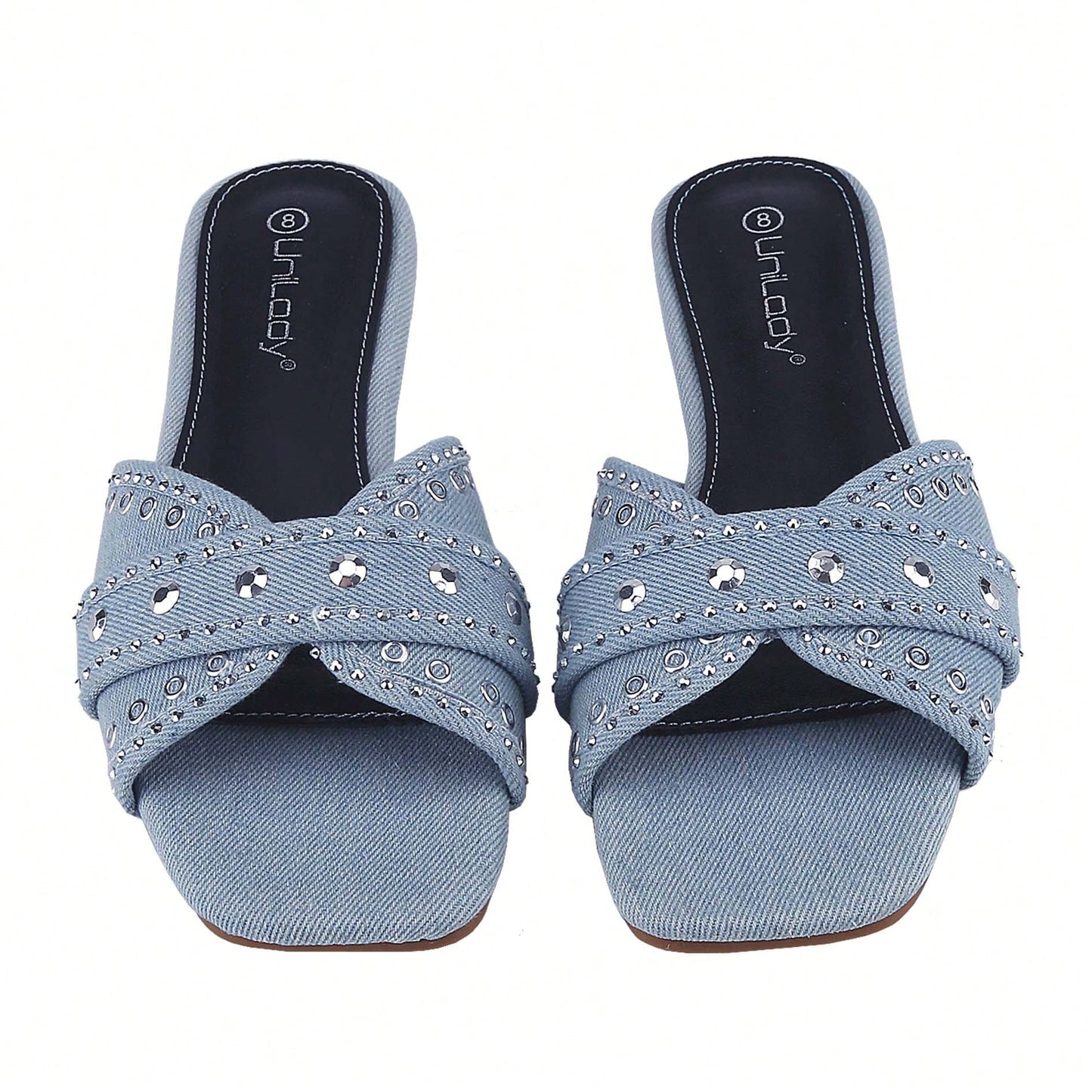 Women's Square Open Toe Denim Flat Sandals Slip On Mule Slides Braided Strap Slipper