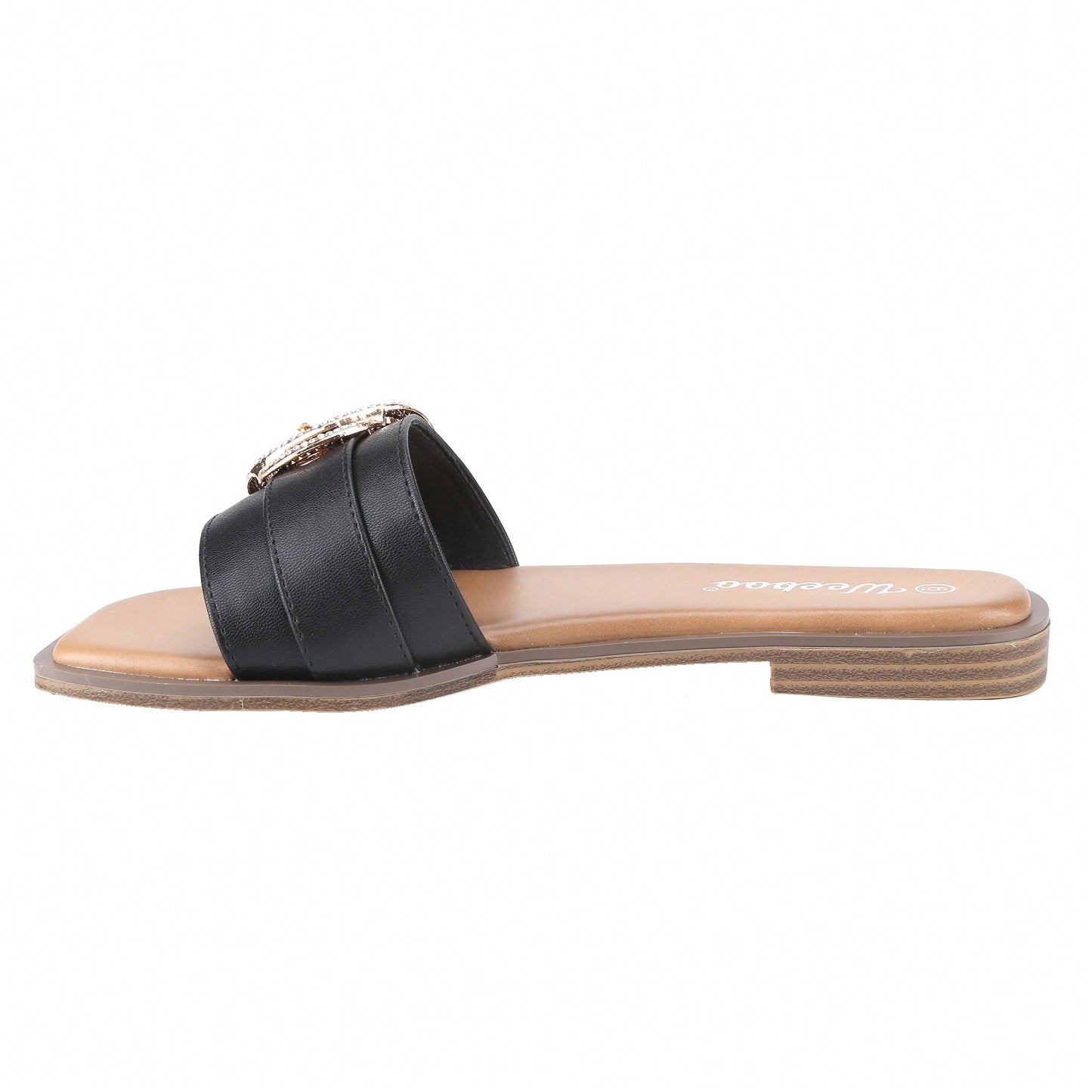 Women's Flat Sandals Fashion Square Open Toe Metal Chain Summer Dressy Sandals Slip On Casual Slides